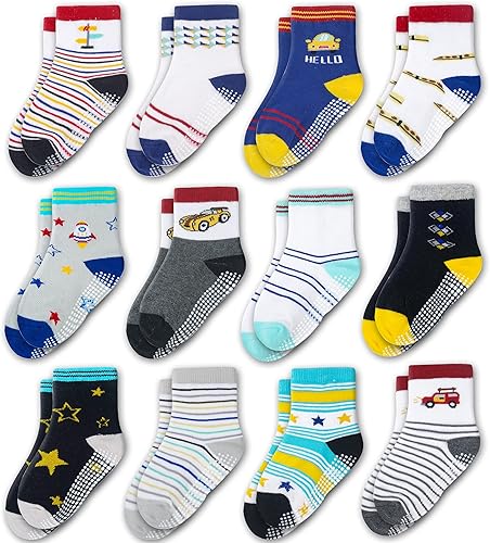 Evercute Calcetines antideslizantes para niñas pequeñas, paquete de 12 unidades, calcetines antideslizantes para niños