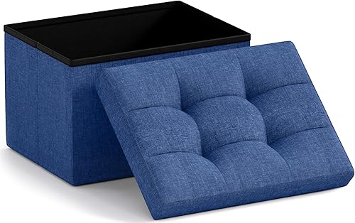 Miniatura 22 de Ornavo Home Otomana de almacenamiento pequeña, juego de 2, plegable, rectangular, de lino, otomano, reposapiés, para sala de estar, dormitorio, Azul