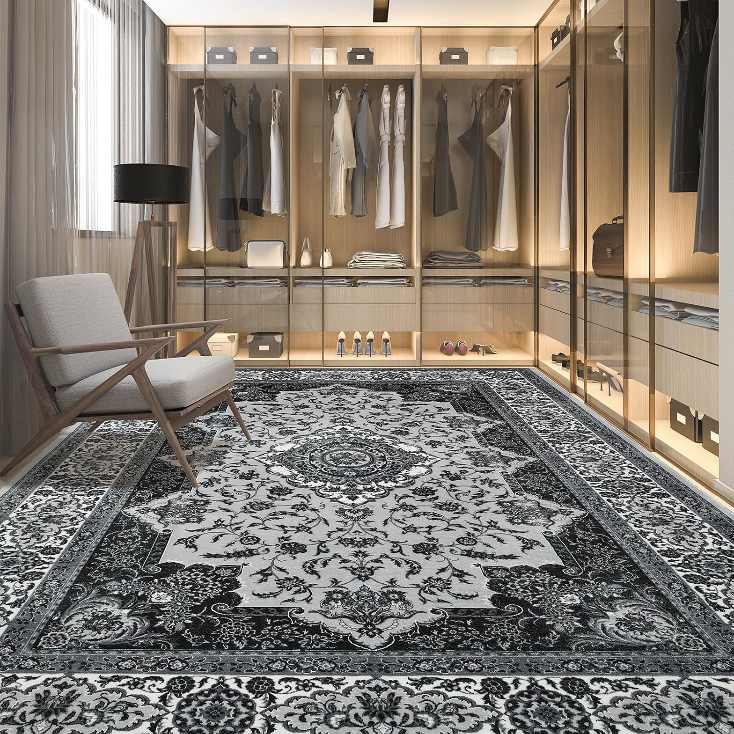 Area Rug for Living Room, Machine Washable Grey Rugs for Bedroom, 4x6Ft Non-Slip Vintage Carpet for Office Dining Room Entryway Hallway