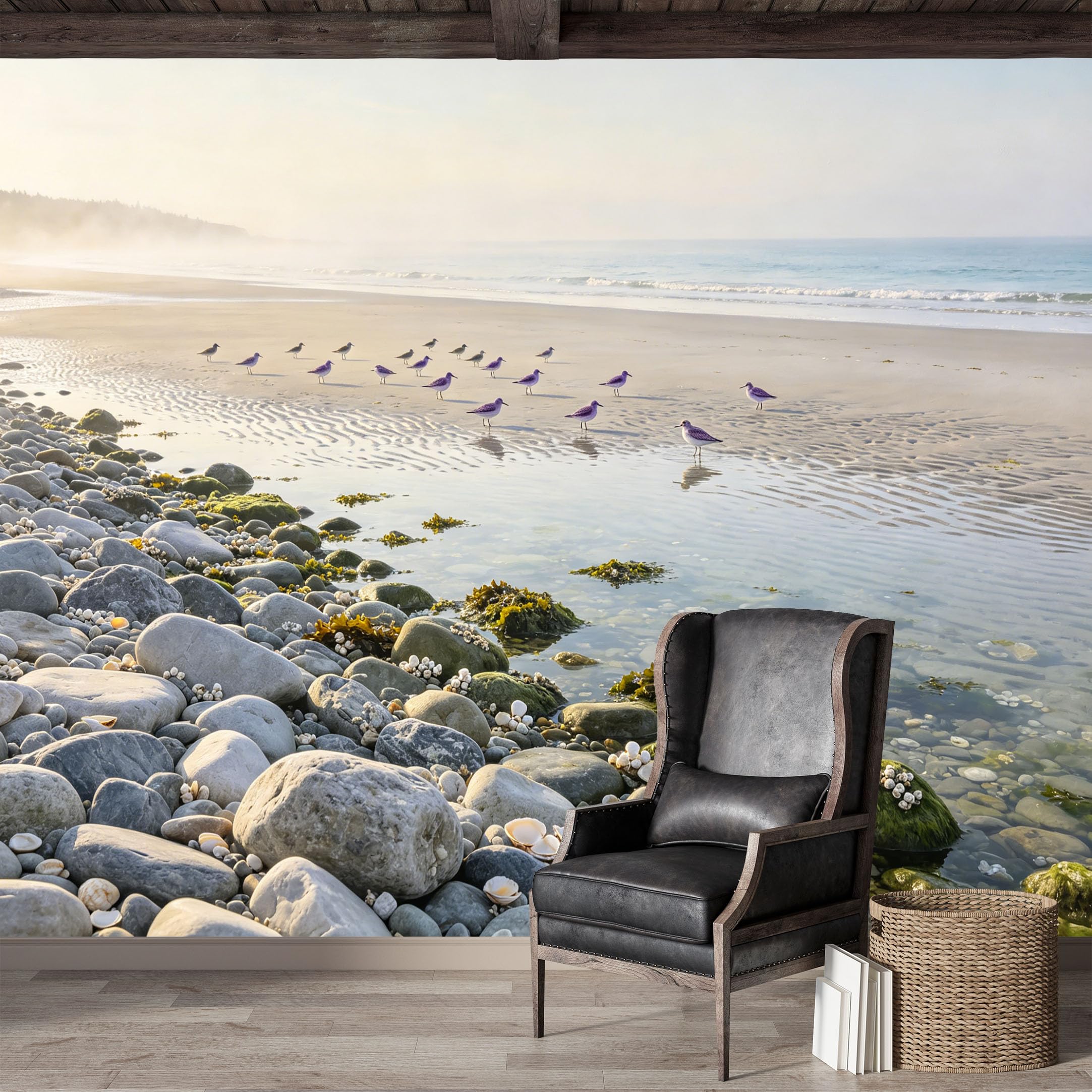 Custom Size Wall Mural,Coastal Seascape Shoreline Birds Marine Premium Water Activated SelfAdhesive Wallpaper,Removable Wall Covering,Easy DIY Install Wall Art for Indoor Home Decor