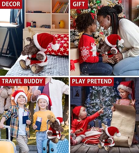 Miniatura 4 de DolliBu Juguete de peluche de alce sentado de Papá Noel, disfraz de felpa suave con traje de Papá Noel rojo, bonito regalo de vida silvestre,