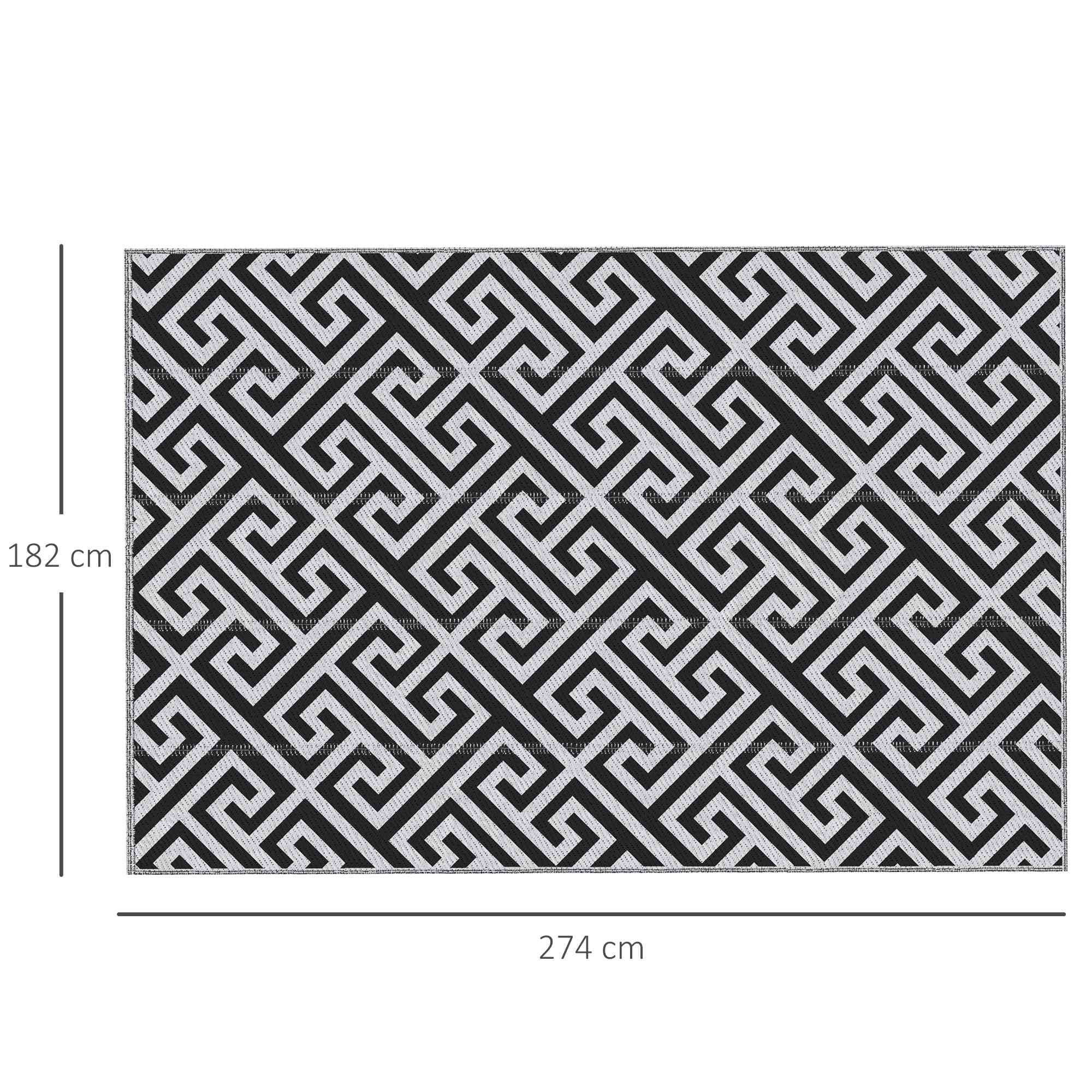 Outsunny Alfombra de Exterior 182x274 cm Alfombra Reversible con Patrón Geométrico Impermeable para Terraza Balcón Patio Camping Playa Blanco y Negro