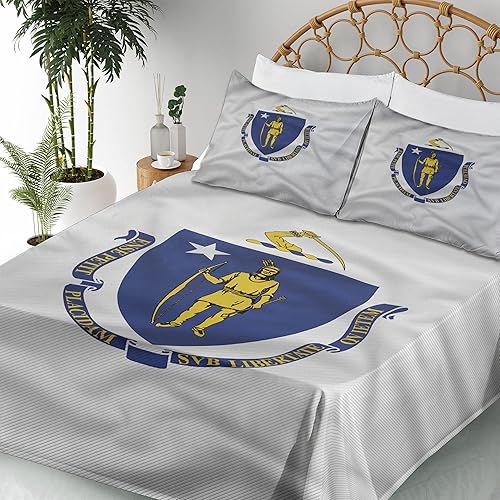 Miniatura 6 de Lunarable American Sheet Set, Massachusetts Flagg Holds a Bow and Pointing Downward Arrow, Fitted and Flat Sheet with Pillowcase Bedding Accent 3