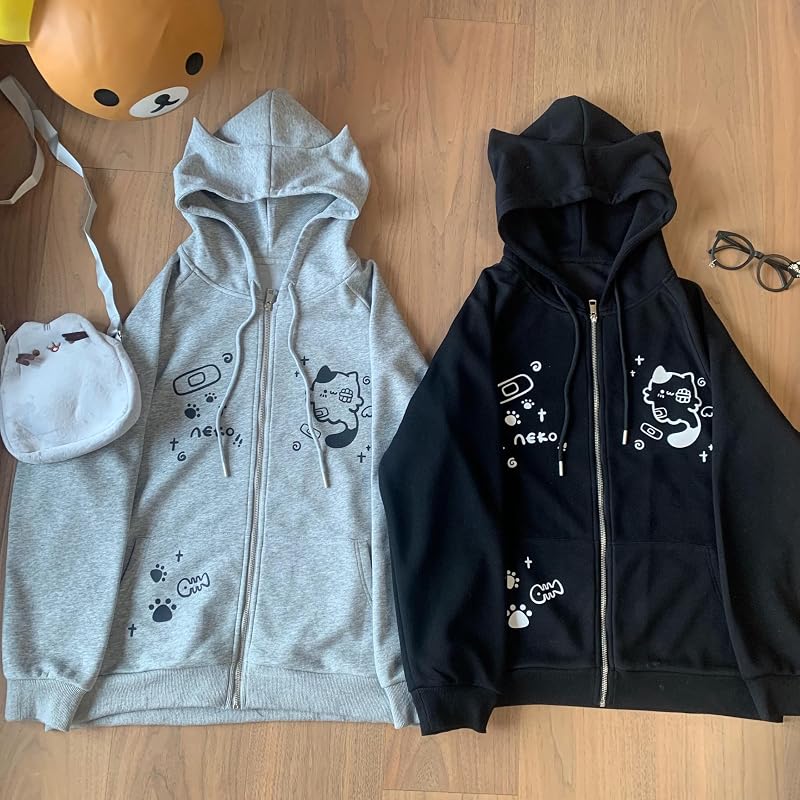Dynict Womens Y2K Zip Up Cute Graphic Hoodies Cat Ears Casual Cartoon Harajuku Kawaii Clothes Oversize Streetwear Jacket (US, Alpha, Medium, Regular, Regular, Black) image 6