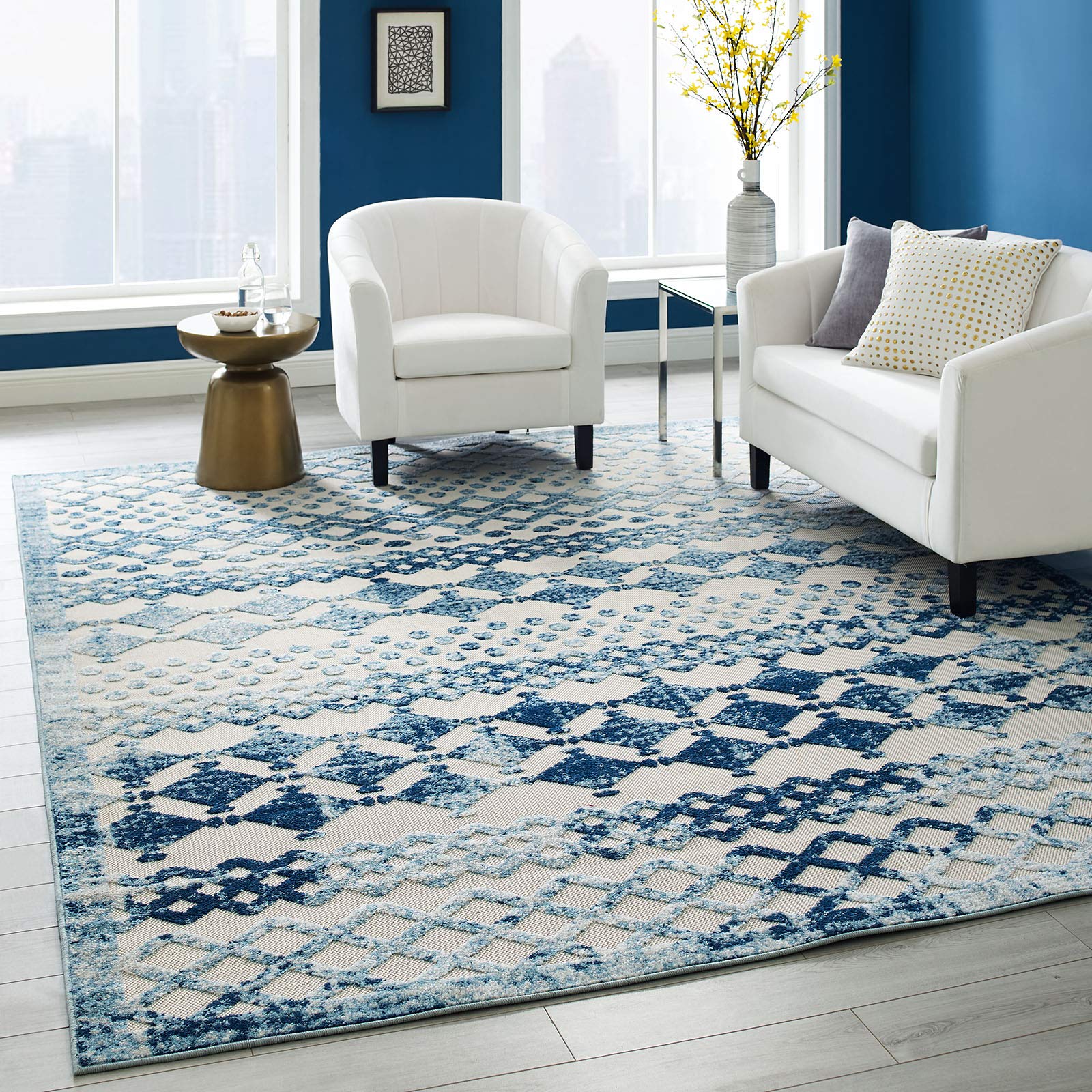 Modway Reflect Giada Distressed Vintage Abstract Diamond Moroccan Trellis 8x10 Indoor and Outdoor Area Rug, 8 ft x 10 ft, Ivory and Blue