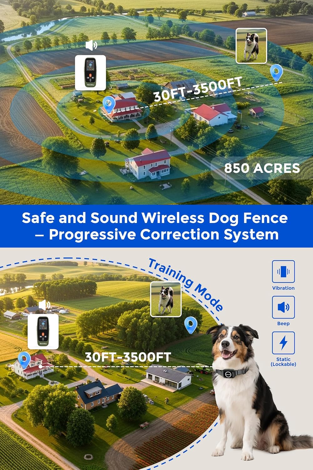 Teendow Wireless Dog Fence System for 2 Dogs, Electric Dog Fence, Waterproof Rechargeable Collar with Remote, Training & Bark Control, HD Display