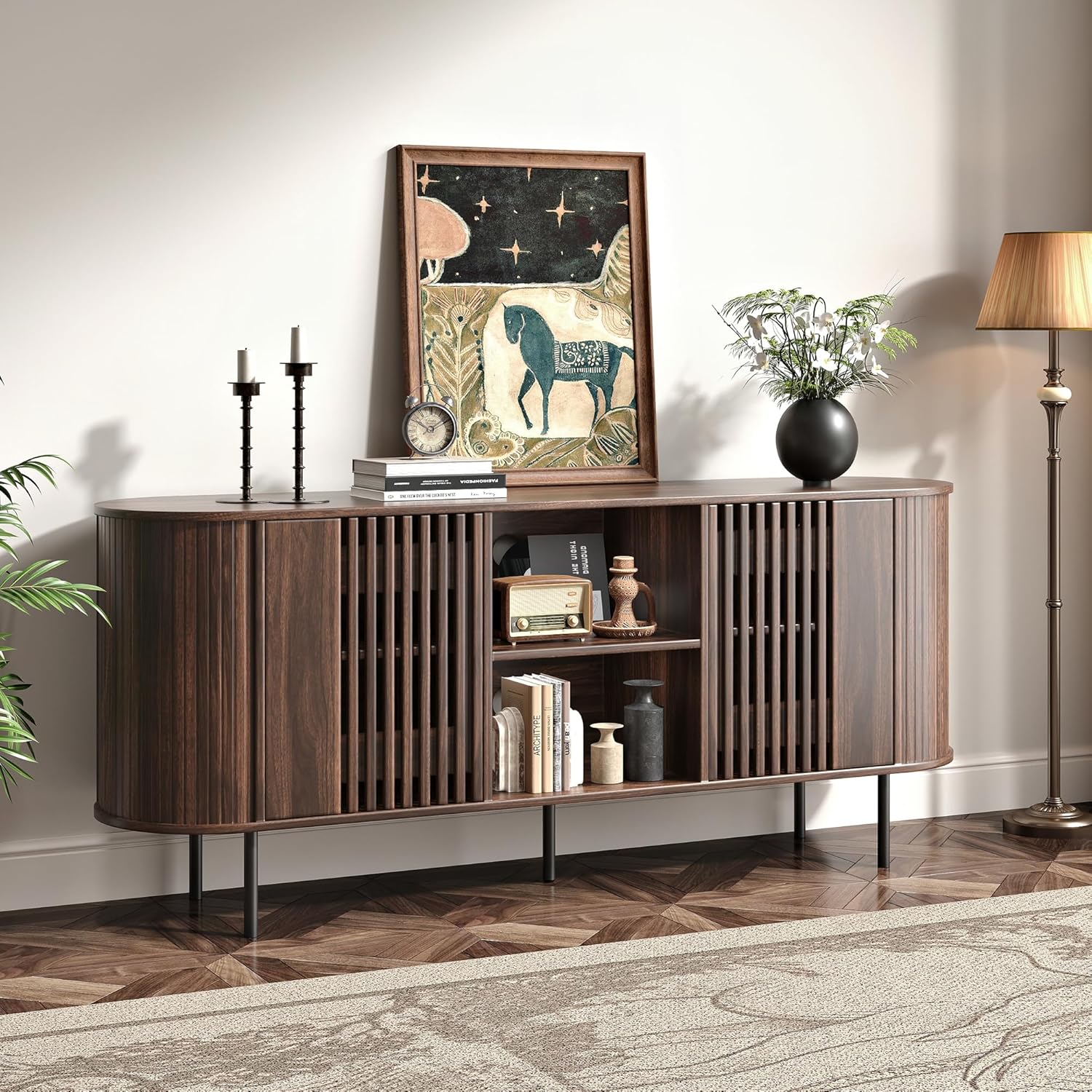 65 Inch TV Stand for TVs Up to 75", Mid Century Modern Entertainment Center TV Console with Adjustable Shelves, Curved Profile Design, Media Console for Living Room, Dark Brown