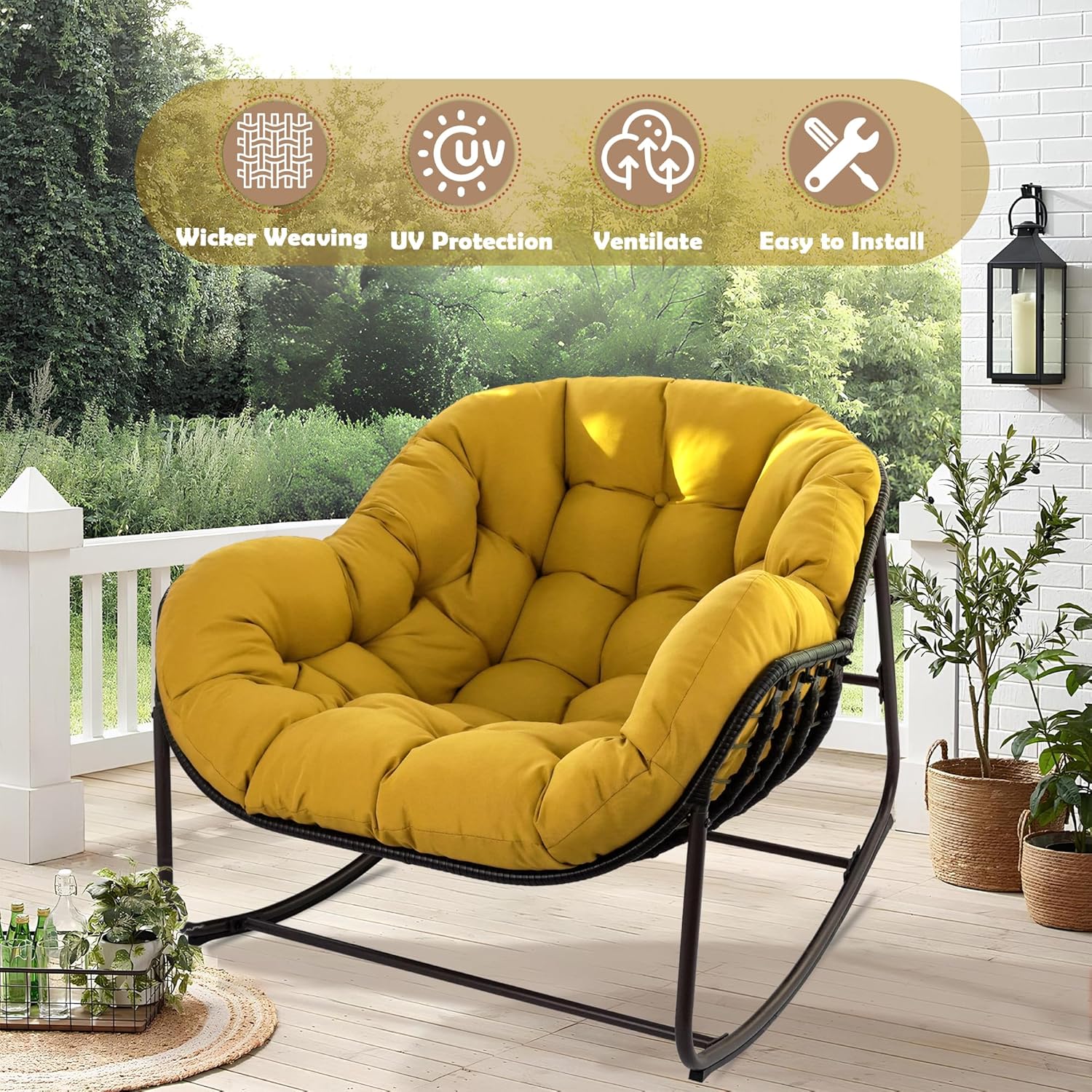 Papasan Rocking Chair Indoor & Outdoor, All Weather Wicker Papasan Patio Chair with Cushion & Pillow, Oversized Papasan Rocker Egg Chair for Bedroom, Garden, Patio - Yellow.