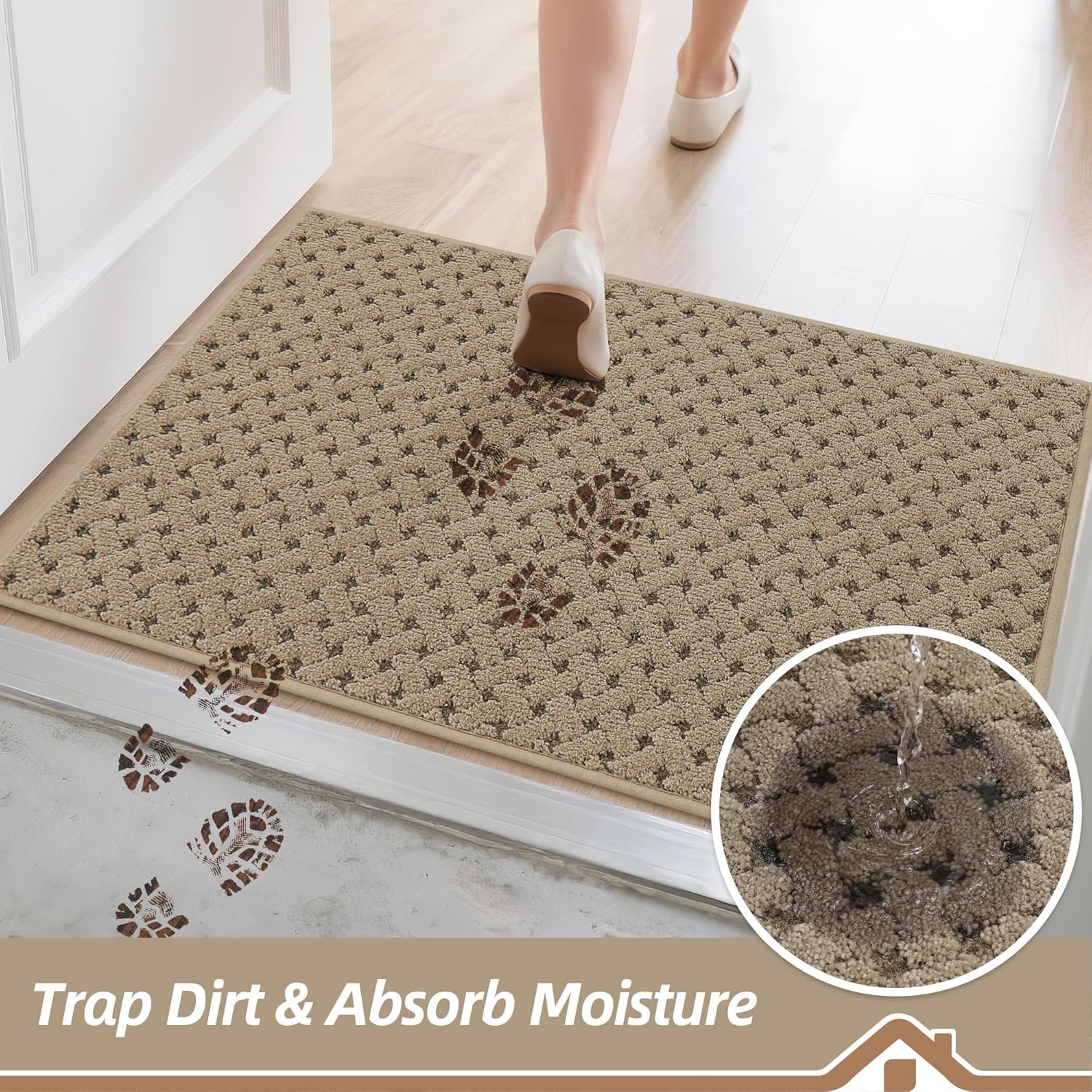 BEQHAUSE Dirt Trapper Door Mat Non-Slip Entryway Rugs Stain Resistant Absorbent Dog Doormats Woven-Look Washable Welcome Floor Doormat for Front Back Door, Dirty Wet Shoes & Paws, 20" x 32", Beige