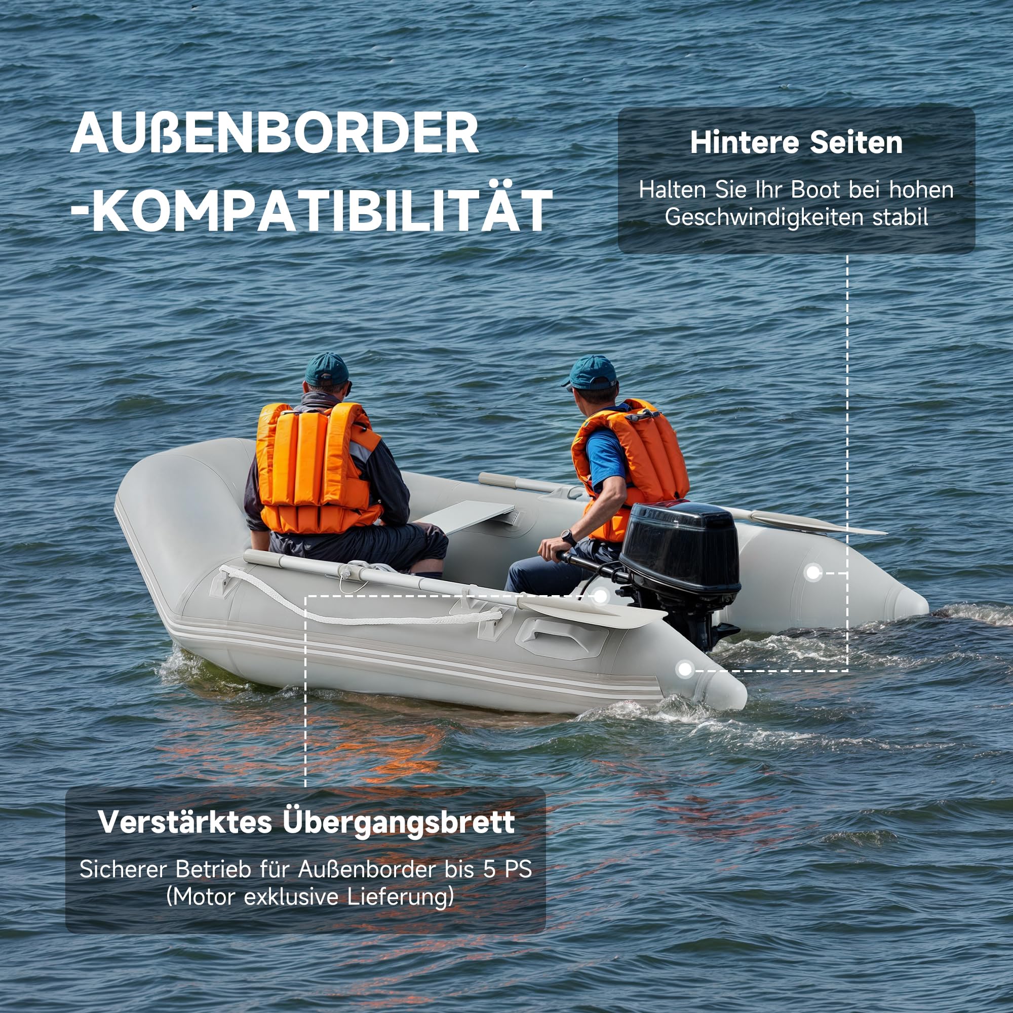 DARTMOOR Schlauchboot für Erwachsene 2 Personen Aufblasbares Boot mit 2 Paddel und Luftpumpe Grau Paddelboot Ruderboot Schlauchboot Angeln mit Sitzbank Aluboden