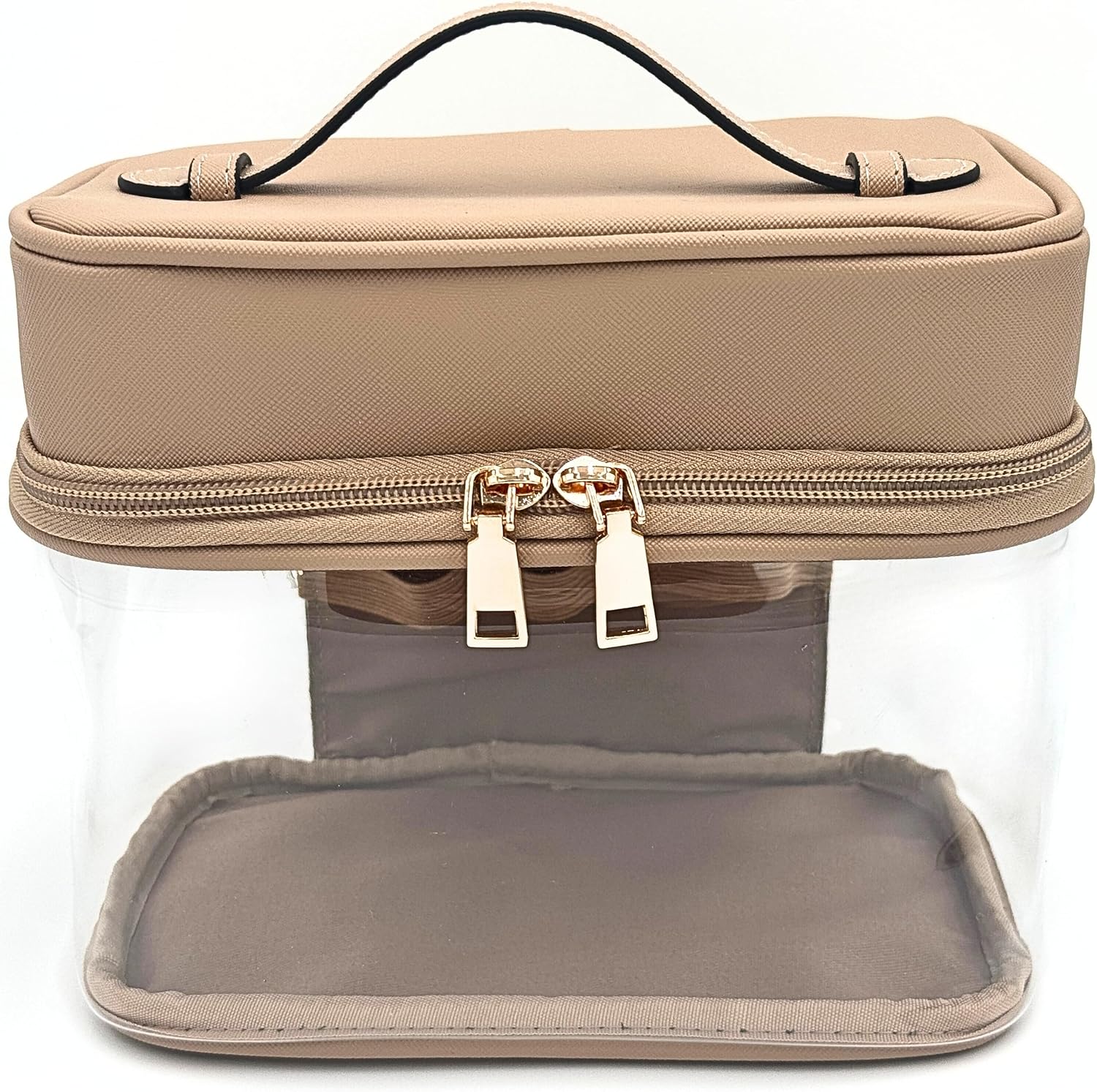 JAZD Clear Makeup Bag Toiletry Bag for Women Cosmetic Large Capacity Travel Make Up Bag Organizer Transparent Train Case TSA Approved (BEIGE)