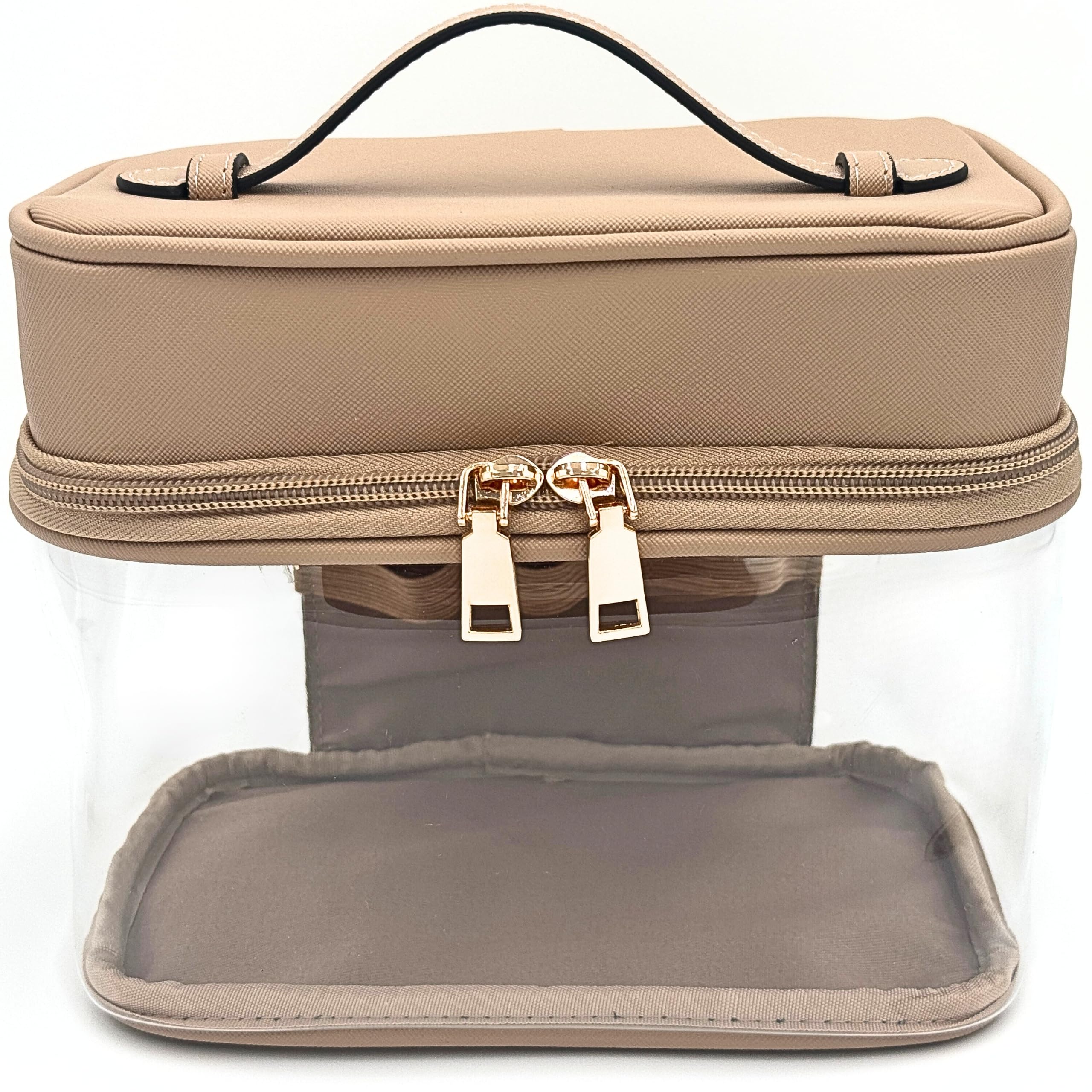 JAZD Clear Makeup Bag Toiletry Bag for Women Cosmetic Large Capacity Travel Make Up Bag Organizer Transparent Train Case TSA Approved (BEIGE)