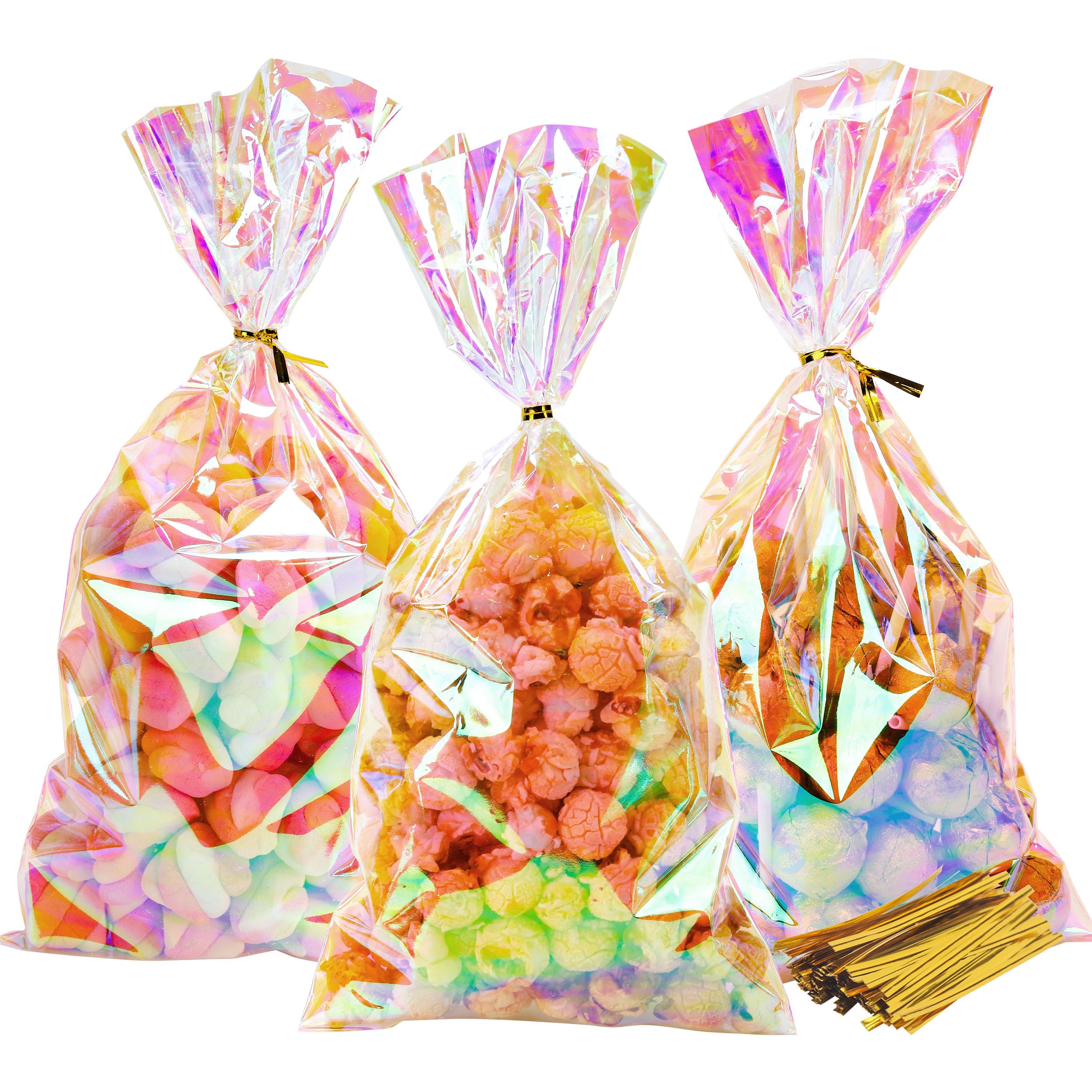 NPLUX Cellophane Treat Bags Plastic Iridescent Party Favor Bags Clear Candy Bags with Twist Ties for Gift Bags(100PACK, 6x12inch)