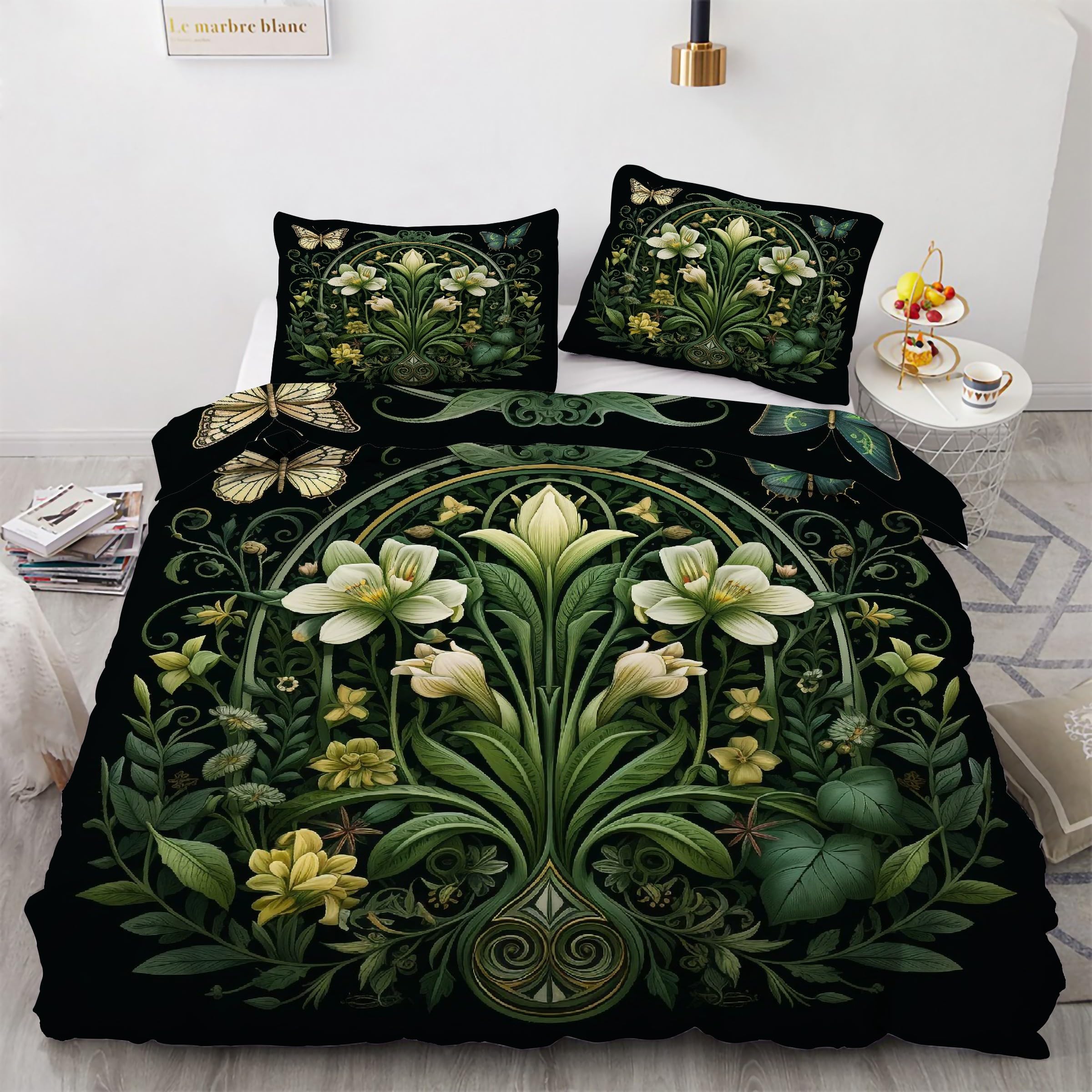 Housse de couette 200x200 fleurs avec ses 2 taies d'oreiller en microfibre