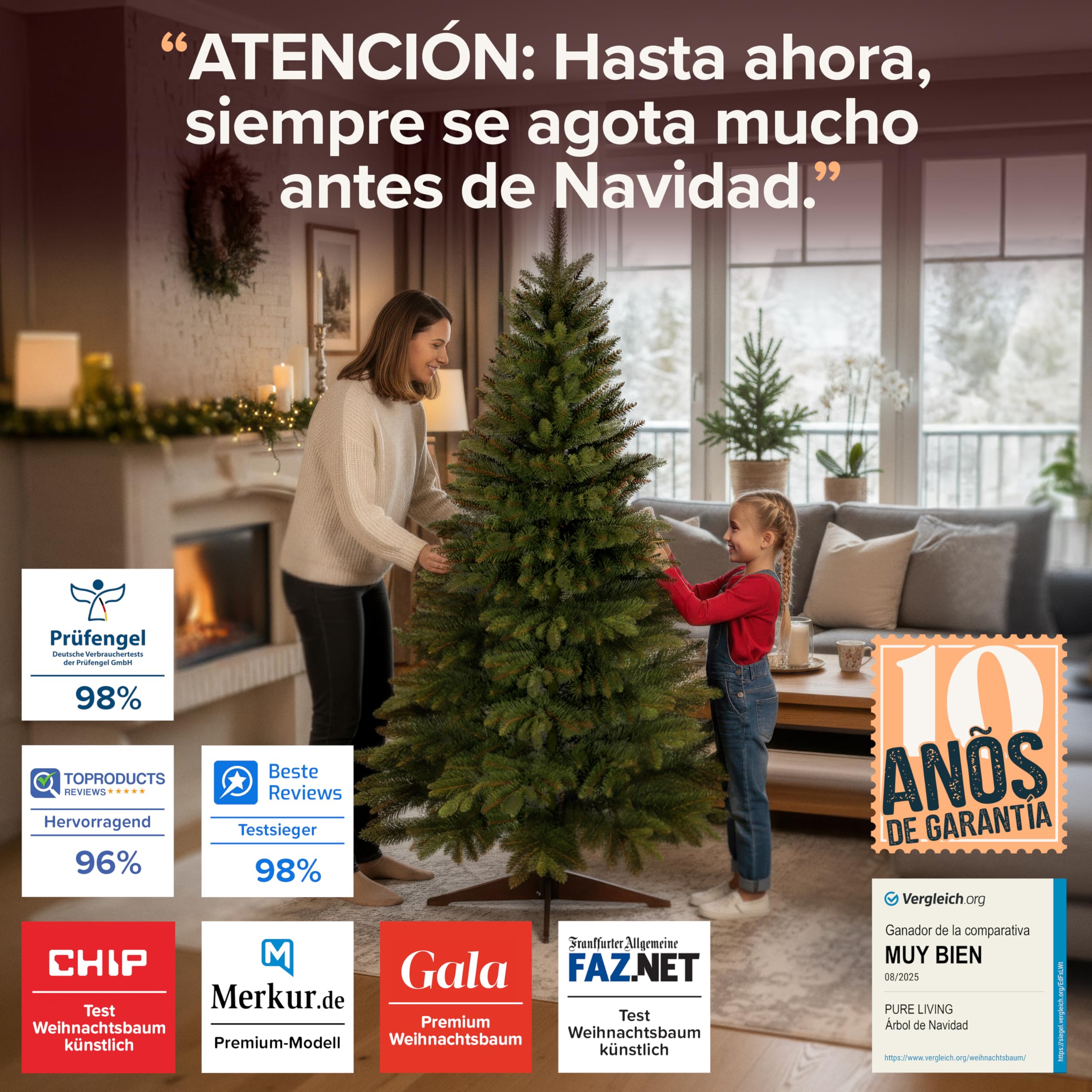 Árbol de Navidad Artificial Premium 180cm – Ramas Densas y Realistas, con Soporte de Madera y Bolsa de Almacenamiento – Arbol Navidad Artificial de Pure Living
