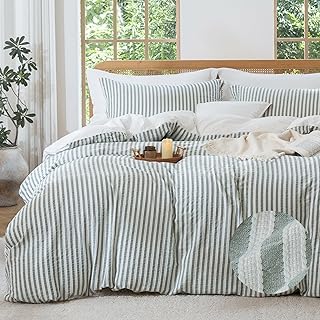 MILDLY Jacquard Stripe Duvet Cover - Sage Green 100% Washed Cotton Boho ...