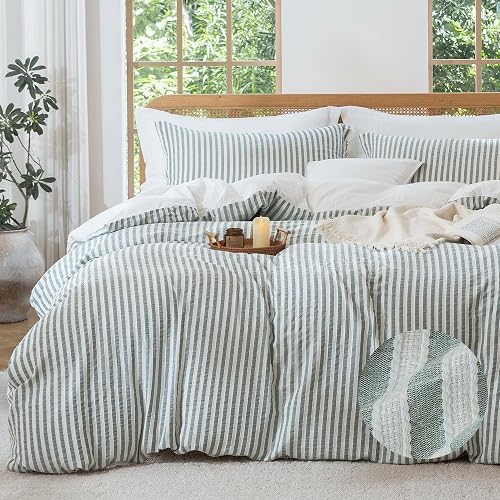 MILDLY Jacquard Stripe Duvet Cover - Sage Green 100% Washed Cotton Boho Textured Comforter Cover 3pcs with Zipper Closure 80"x90"