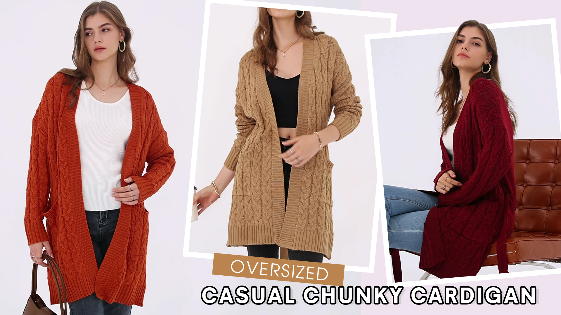 BTFBM Women's Open Front Knit Cardigan Long Sleeve V Neck