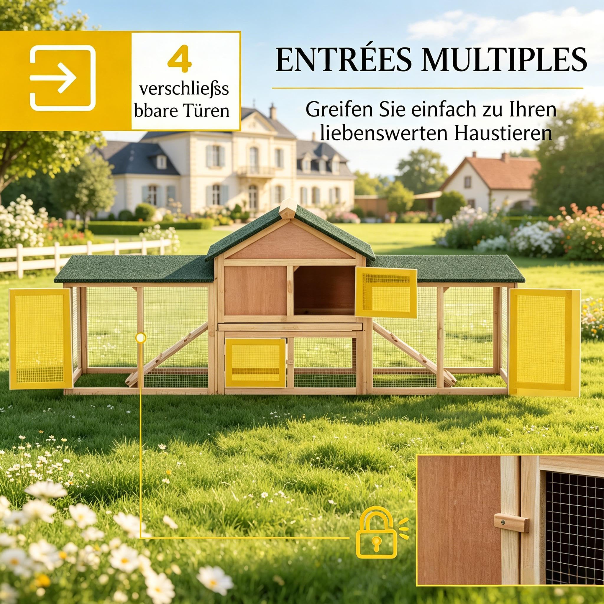 Gran Cabaña De Conejo Al Aire Libre Con Techo De Asfalto, Cajón Deslizante Y 2 Patios De Juego, Jaula Para Mascotas Para Conejos