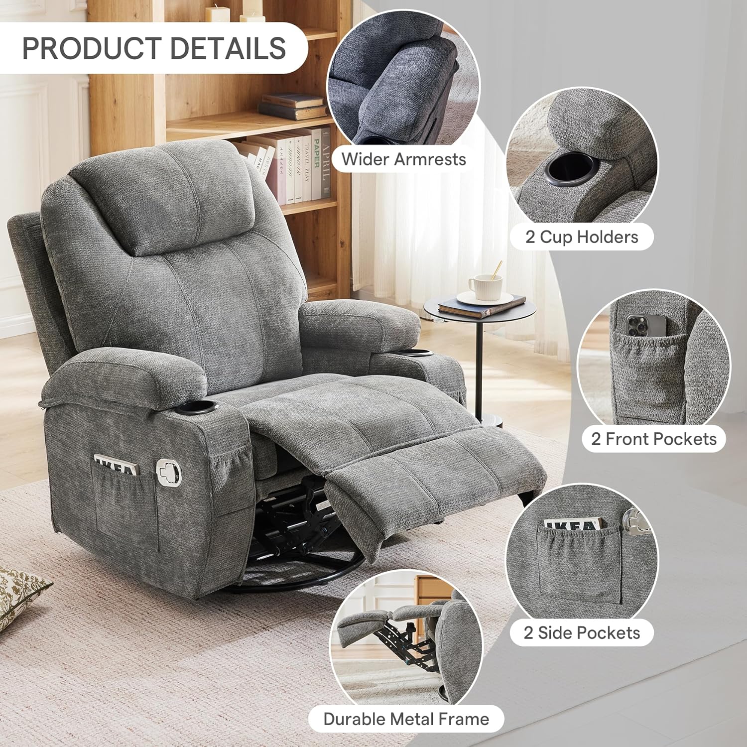 360°Swivel Rocker Recliner Chair,Manual Rocking Recliner with Stable Footrest for Adults,Upholstered Fabric Rocking Chair Swivel for Bedroom,Living Room,Grey