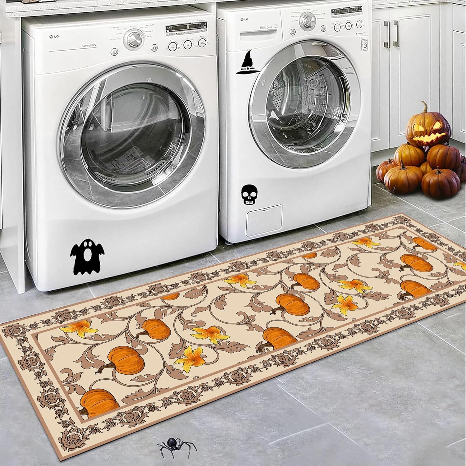 Fall Rugs Kitchen Mat,2x6ft,Colorful Plant Print Leaf Rug,Black and White Buffalo Plaid Rugs,Orange Pumpkin Thanksgiving Rug,Soft Non-Slip Washable for Entryway Hallway Bedroom Mats