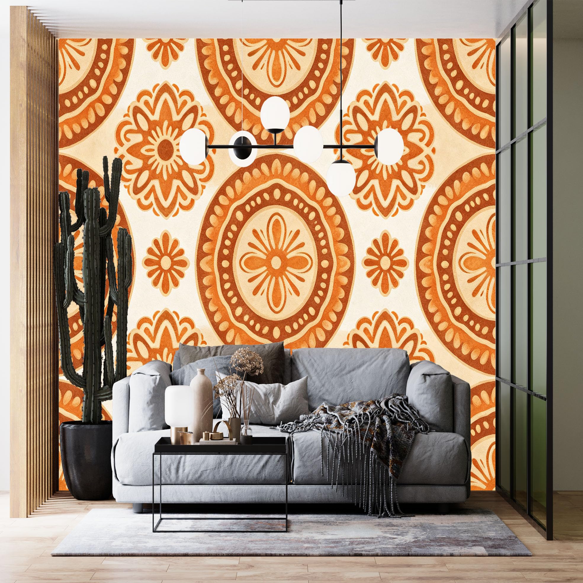 Papier peint orange damassé vintage et amovible 300x500 cm pour salon