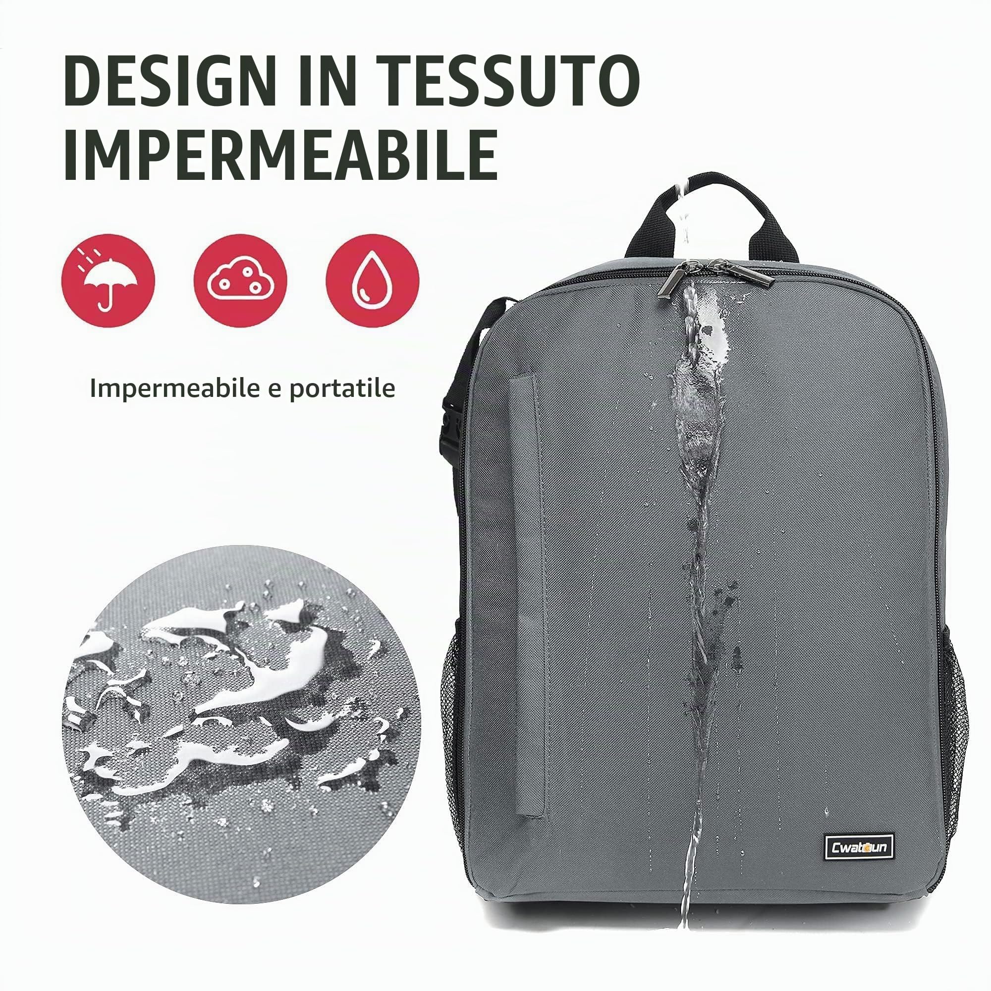 Cwatcun Zaino per Fotocamera Zaino Fotografico Impermeabile Borsa per Fotocamera Professionale per DSLR/SLR Mirrorless, Compatibile con Fotocamera Sony Canon Nikon e Accessori(2.0 Grigio, S)