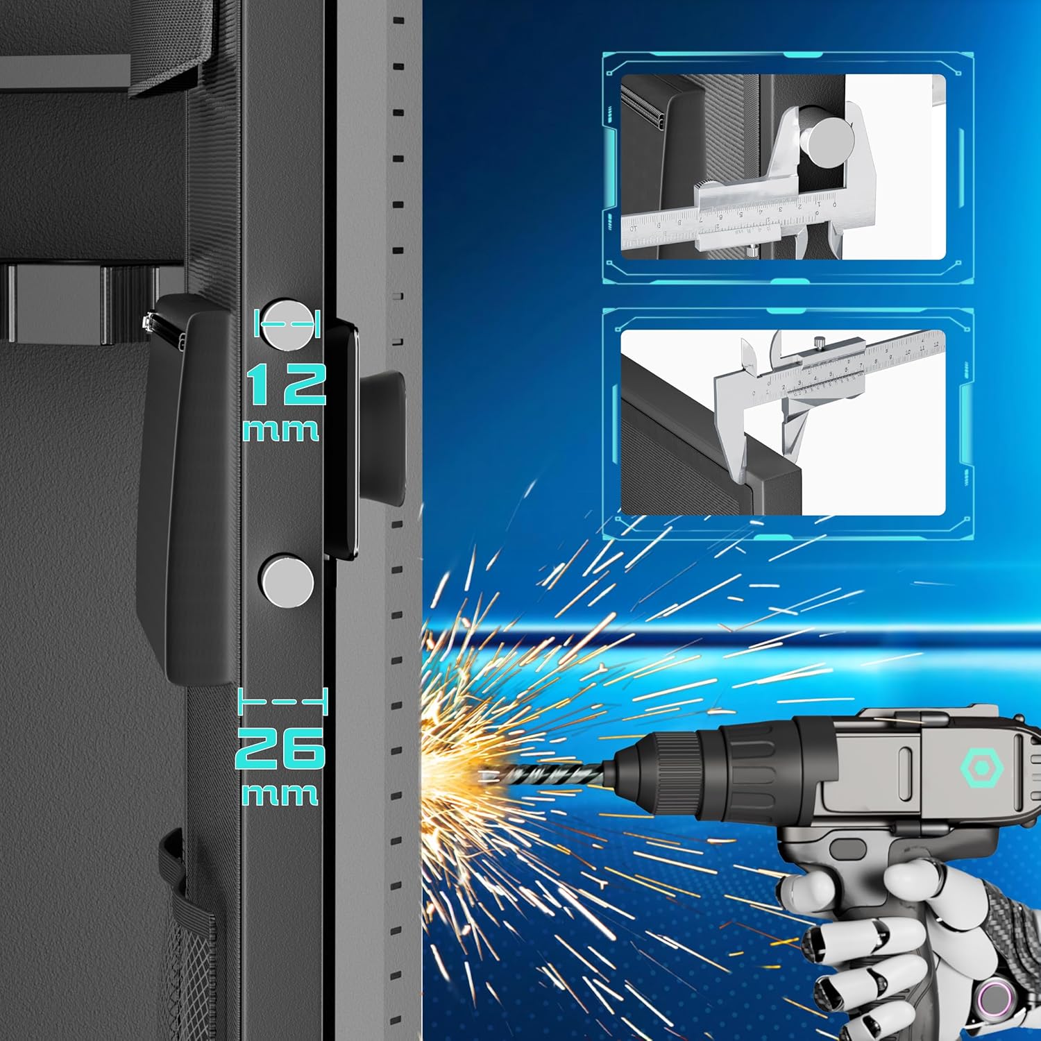 Image detailing the alarm system features: Wrong Access Alarm, Timeout Unlocked Alarm, and Emergency Key Release, with explanations for each.
