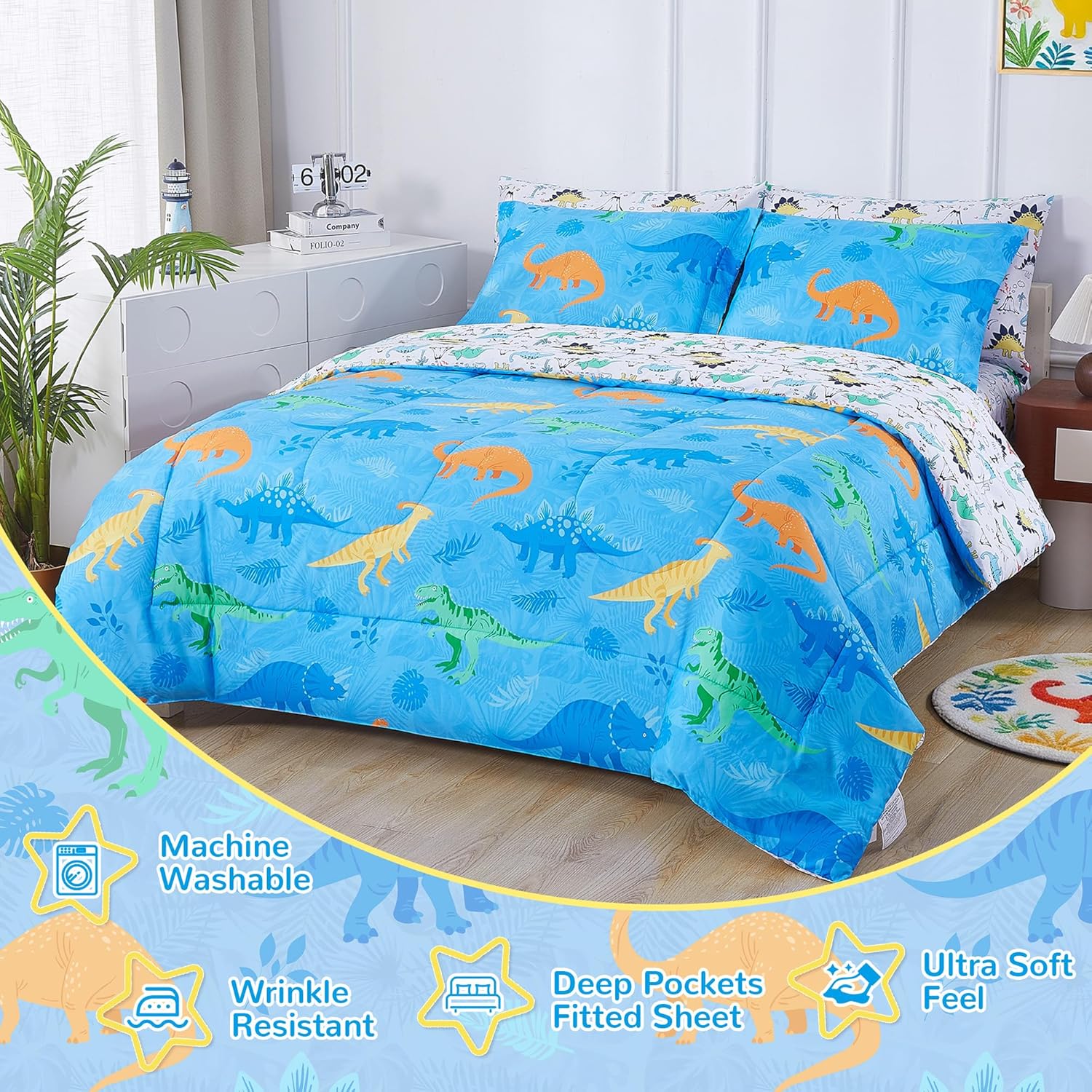 Viviland Kids Full Bedding Sets for Boys, Soft Full Comforter Set with Sheets, 7 Pieces Microfiber Bed in a Bag, Blue Dinosaur - Image 3
