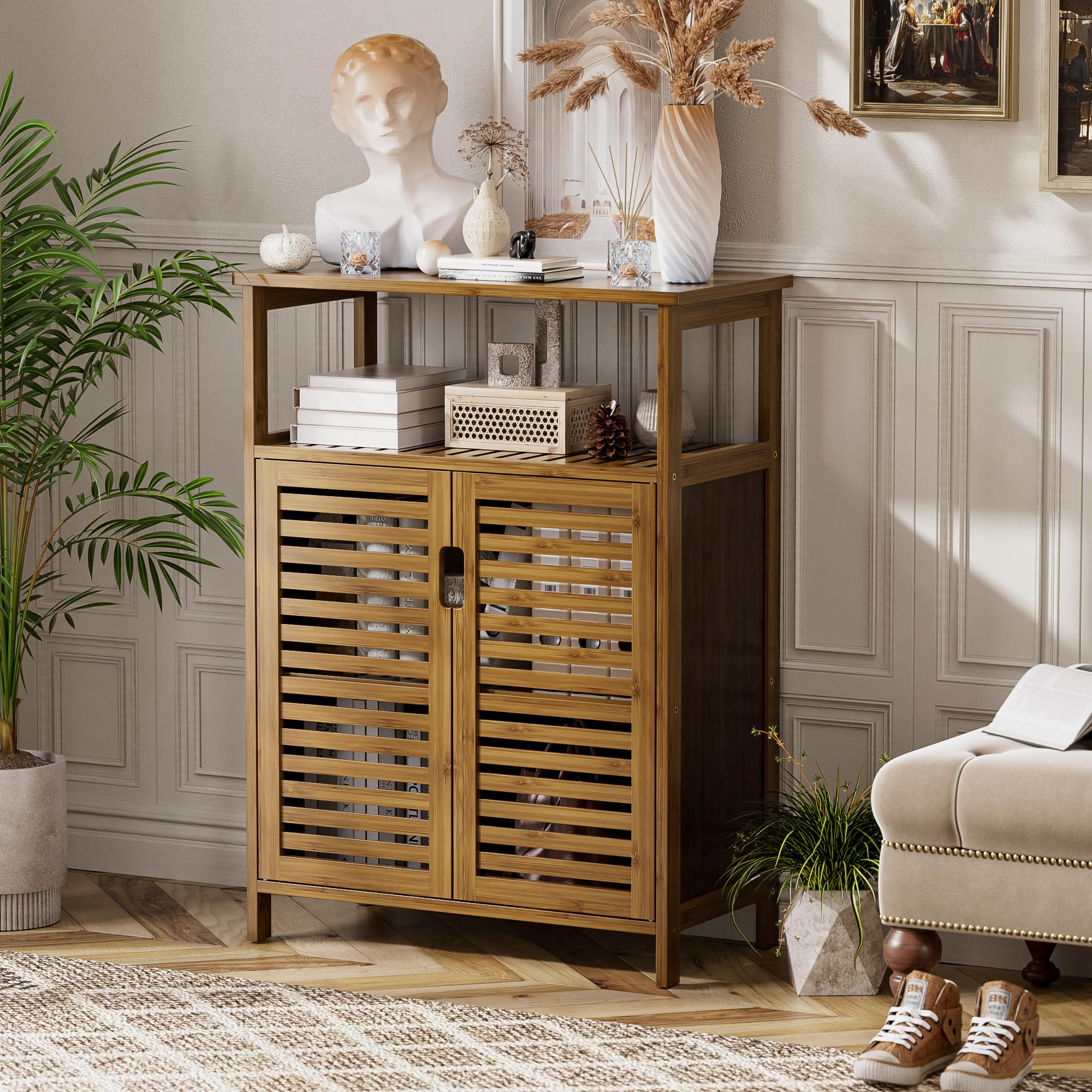 HITNET Mueble Baño Bambu, Armario Bajo Baño Auxiliar, Gabinete de Almacenamiento Independiente con Doble Puerta y Compartimentos Abiertos, para Sala de Estar, Cocina, Entrada, Nogal
