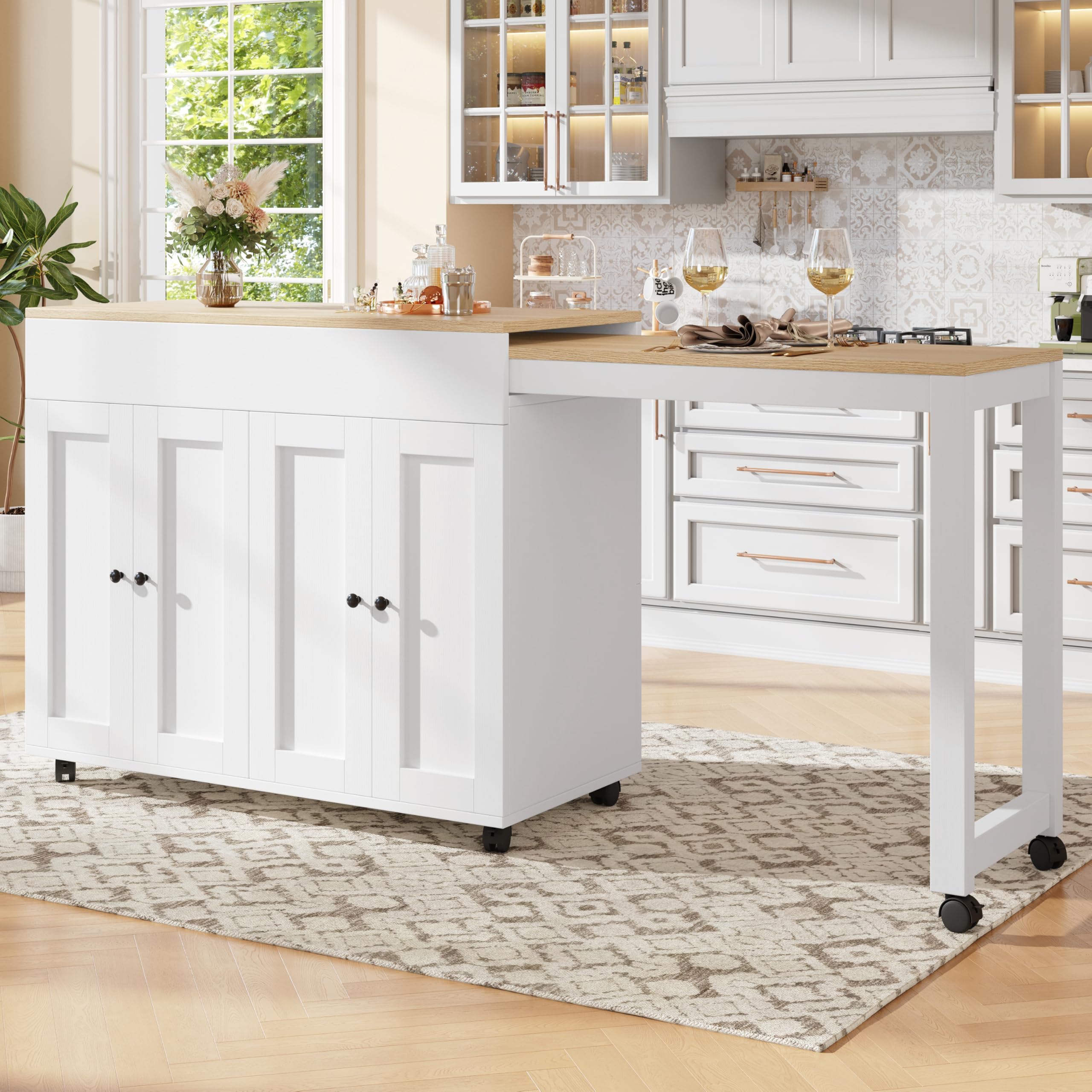 Mesa de Bar Extensible Mesa de Comedor Extensible Moderna 117-180x50x94.6 cm, Isla de Cocina con Ruedas, Mesa de Bar Móvil, Armario de Cocina Buffet Uso como Divisor de Salón, Blanco y Natural