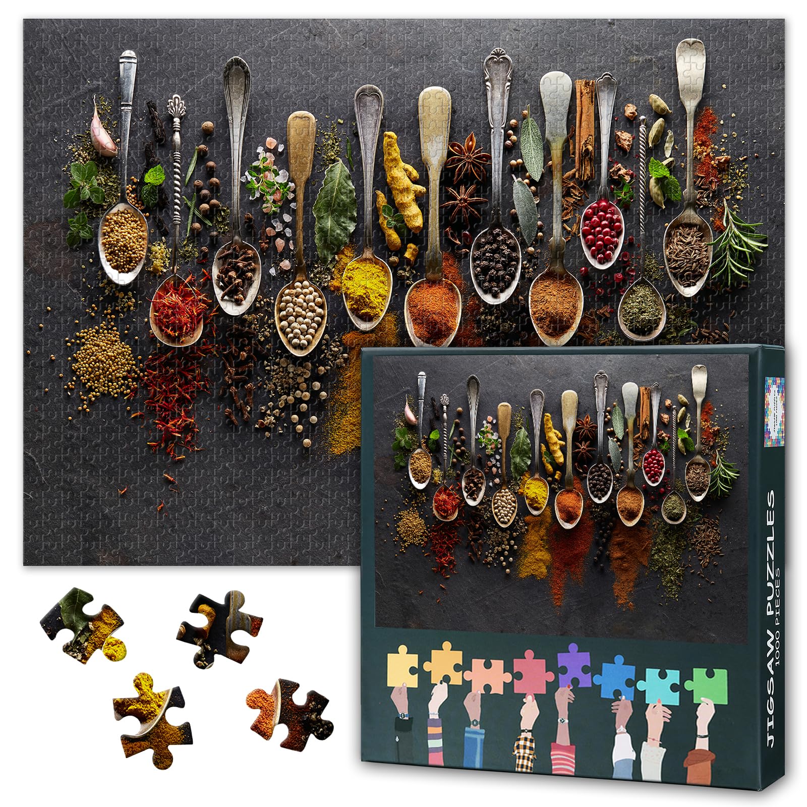 Jigsaw Puzzles 1000 Pieces for Adults - Gourmet Spices Collage: Rainbow Herbs for Cooking, Premium Art Puzzle - 27.5x19.7 in