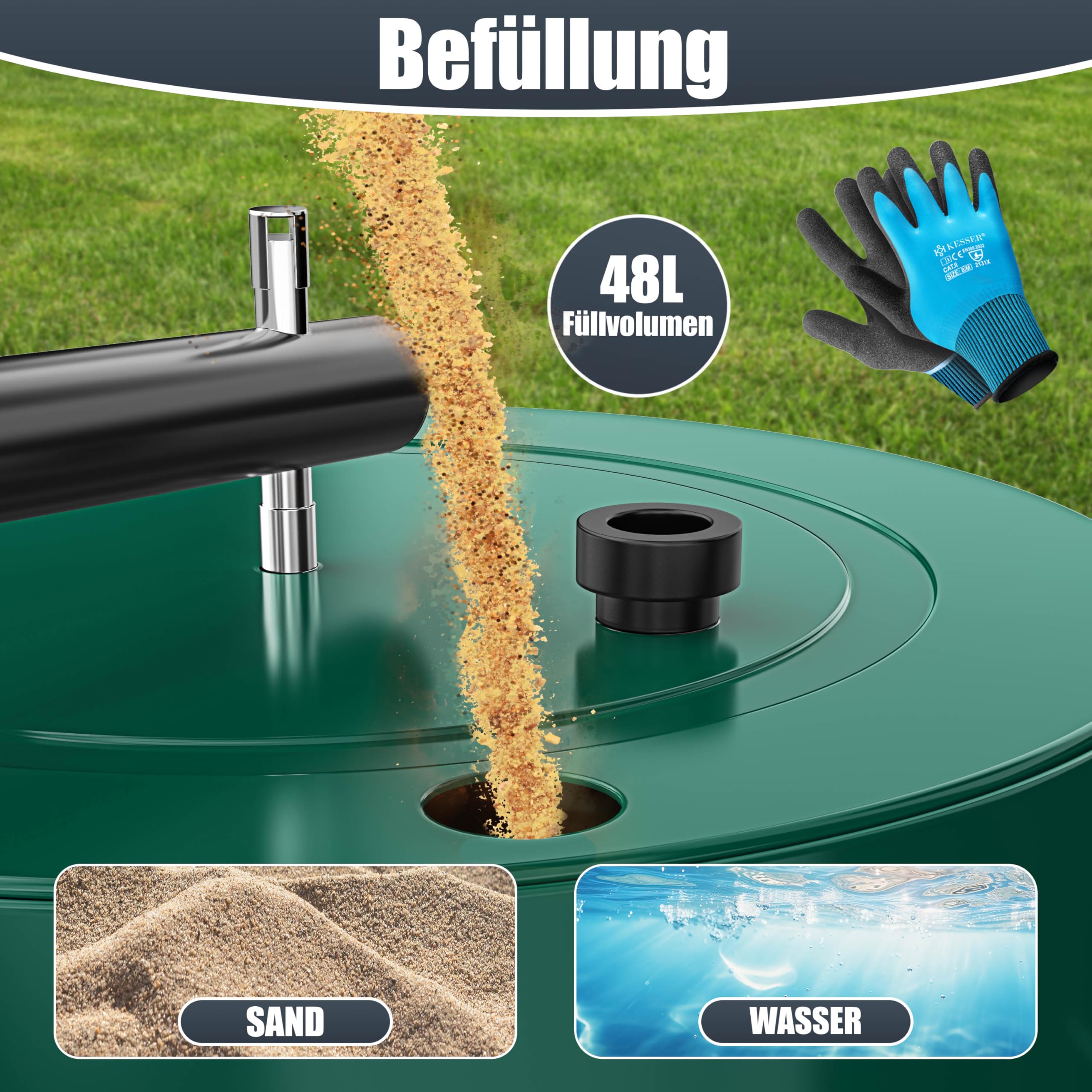 KESSER® Rouleau à Gazon 60cm 48L Volume Remplissage Métal déflecteur saleté & Gants Rouleau à Main Rouleau à Gazon Rouleau Jardin Rouleau agricole Rouleau pouvant être rempli d'eau/Sable 60 kg Vert
