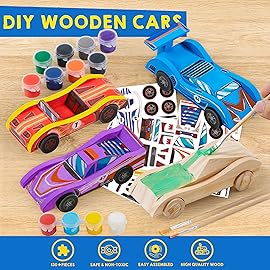 Klever Kits 4 DIY Wooden Race Cars-Build & Paint Your Own Wood Craft Kit, 4 Race Cars Toy, Easy to Assemble Arts Crafts Kit, Birthday Party Presents for Kids Boys and Girls