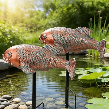 Teaeeno Set of 2 Antique Koi Fish Statue, Outdoor Garden Sculpture for Patio, Backyard, Pond, and Home Decor Blue