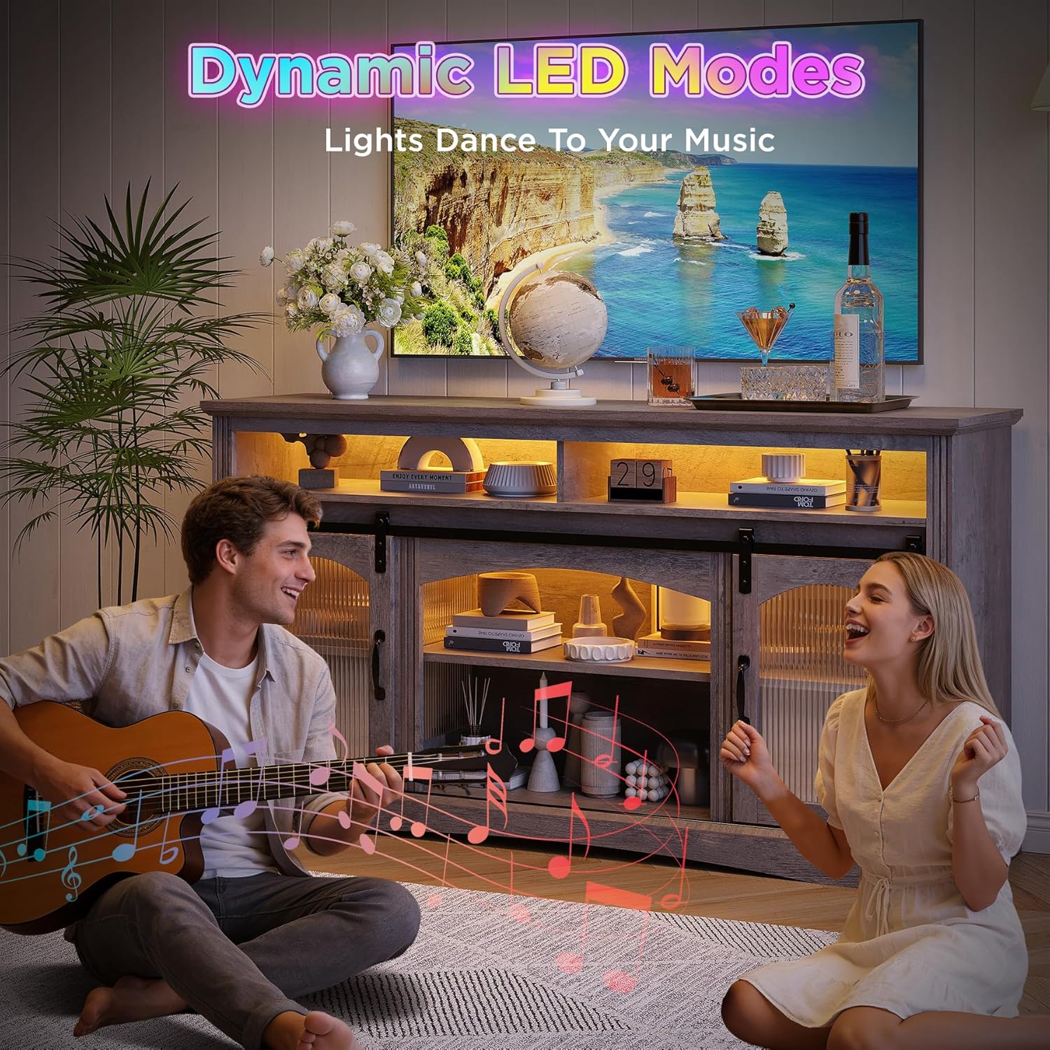 Maupvit 65 inch TV Stand with Led Light, 33 Inch Tall Entertainment Center Farmhouse Console Table with Glass Barn Doors & Adjustable Shelves, Wood Television Stands for Living Room, Home Theater