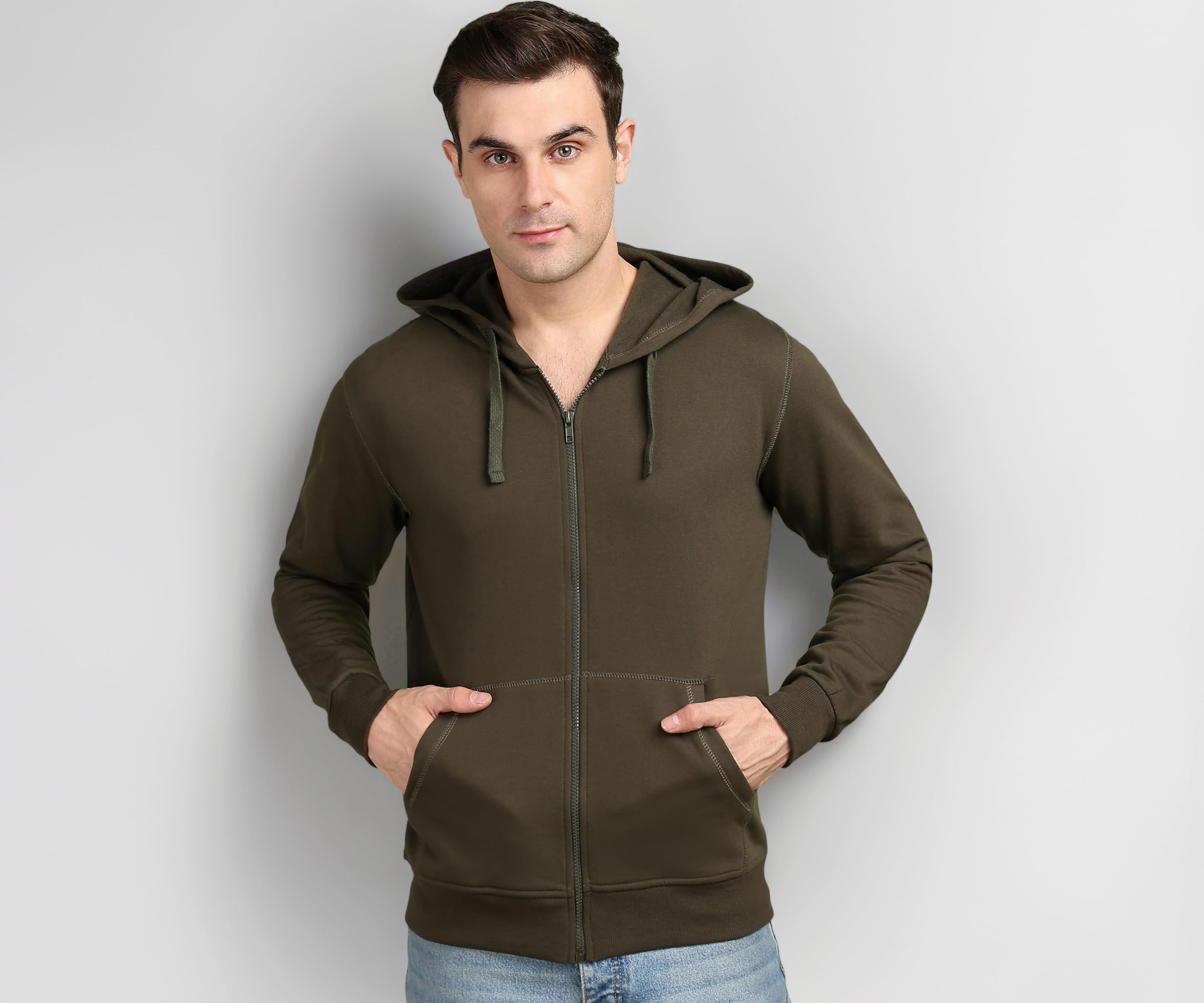 Men’s Solid Zipper Hooded Sweatshirt | Ribbed Hem, Lined Hood, Side Pockets, Durable Zip | Multiple Colors