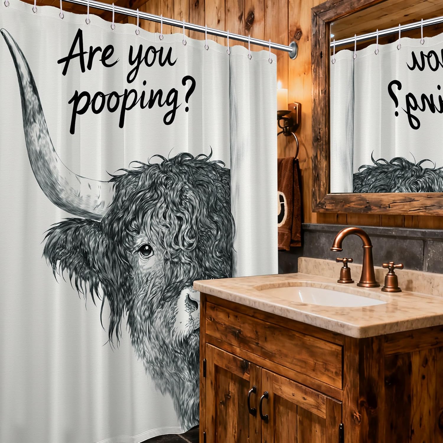 Extra Long Funny Shower Curtain Extra Tall Highland Cow XL Farm Animals Shower Curtains for Large Bathroom Decor Sets, Waterproof Cloth Fabric with Hooks, 70x96 Inch