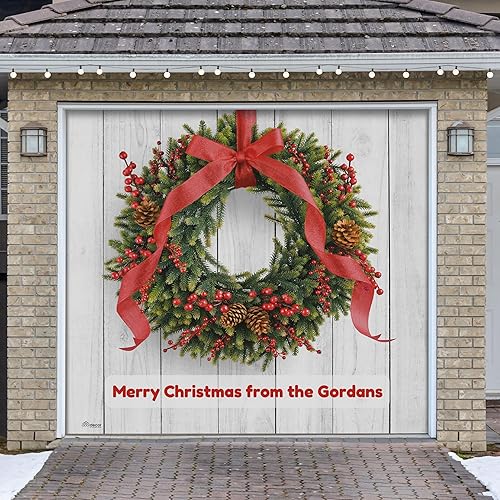 Miniatura 5 de Pancarta de corona navideña encantadora de 7' x 8' para puerta de garaje - Diseñada para moverse con la puerta | Decoración navideña conmovedora