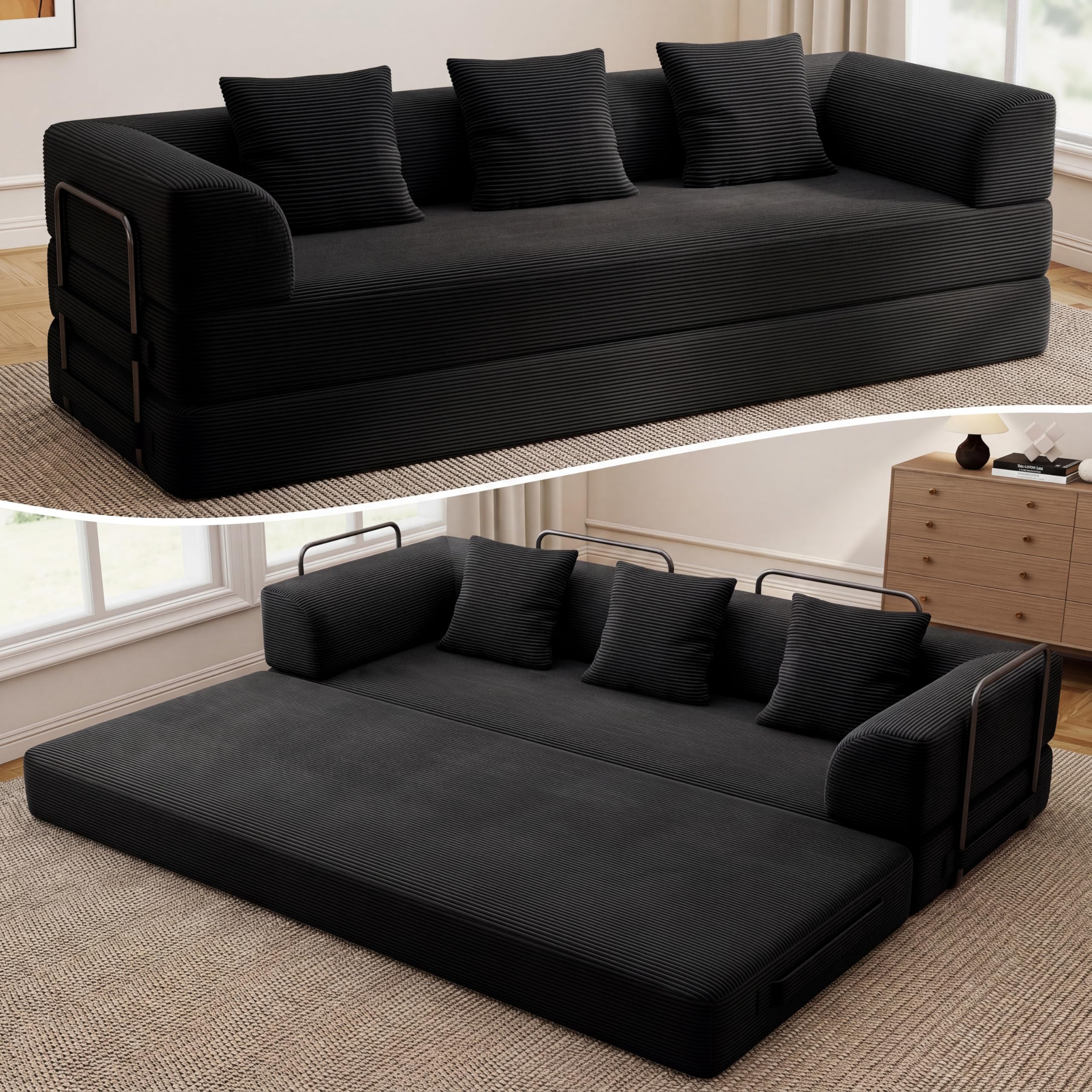 Living&Giving（WALKBON） Living&Giving 89" Cloud Boneless Convertible Sofa Bed, 5-in-1 Foldable Compressed High-Density Sponge Sofa, Corduroy Fabric 3 Seater Sleeper Couch Futon Daybed for Living Room Bedroom (Black)