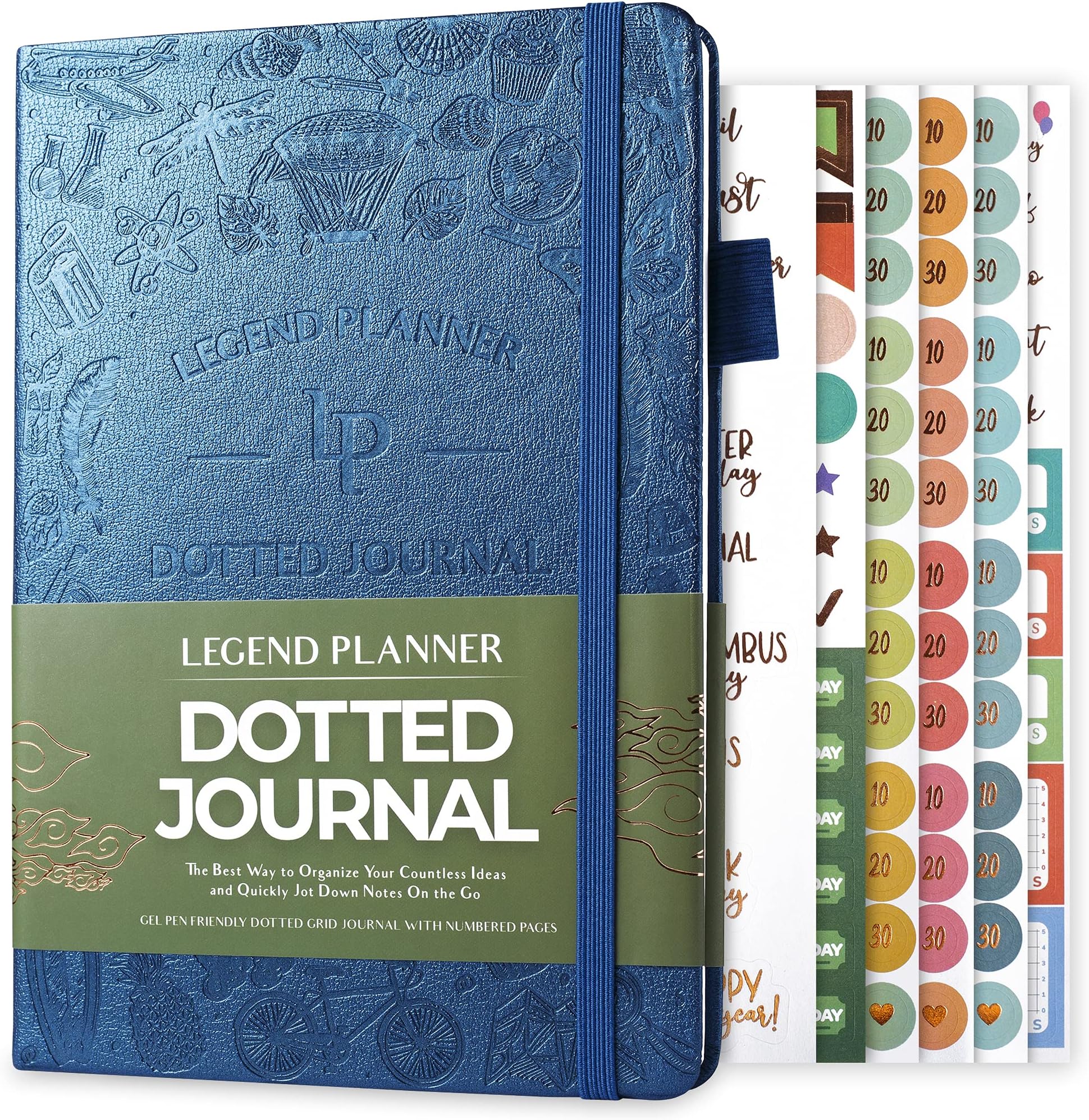 Legend PlannerDotted Journal – A5 Dot Grid Notebook with Thick 120gsm Paper & Hardcover – Dot Gridded Bullet Notebook – Pen Loop, Elastic Closure, 159 Numbered Pages, 560+ Stickers - Mystic Blue