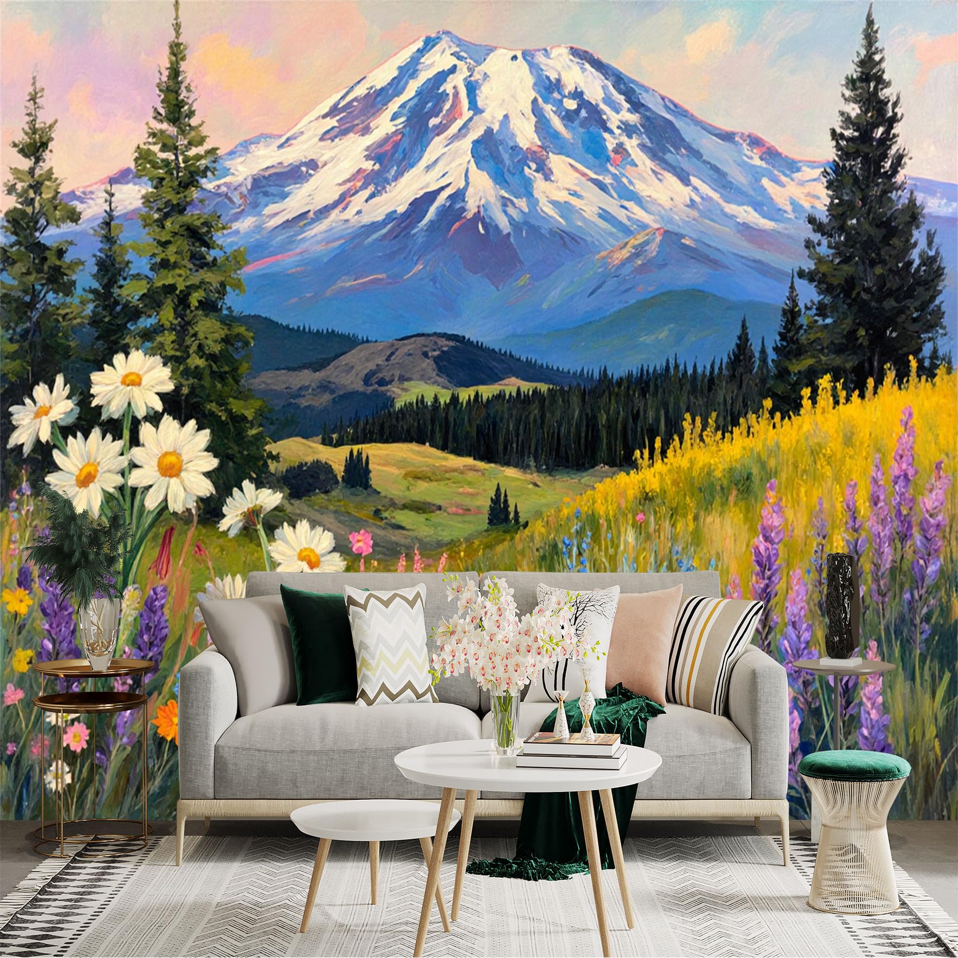 Custom Size Wall Sticker Mural， Snow Capped Mountain Peak， Vibrant Wildflower Meadow， Lush Evergreen Forest， Scenic Nature Landscape， for wall Decoration， peelandstick wall Decals.