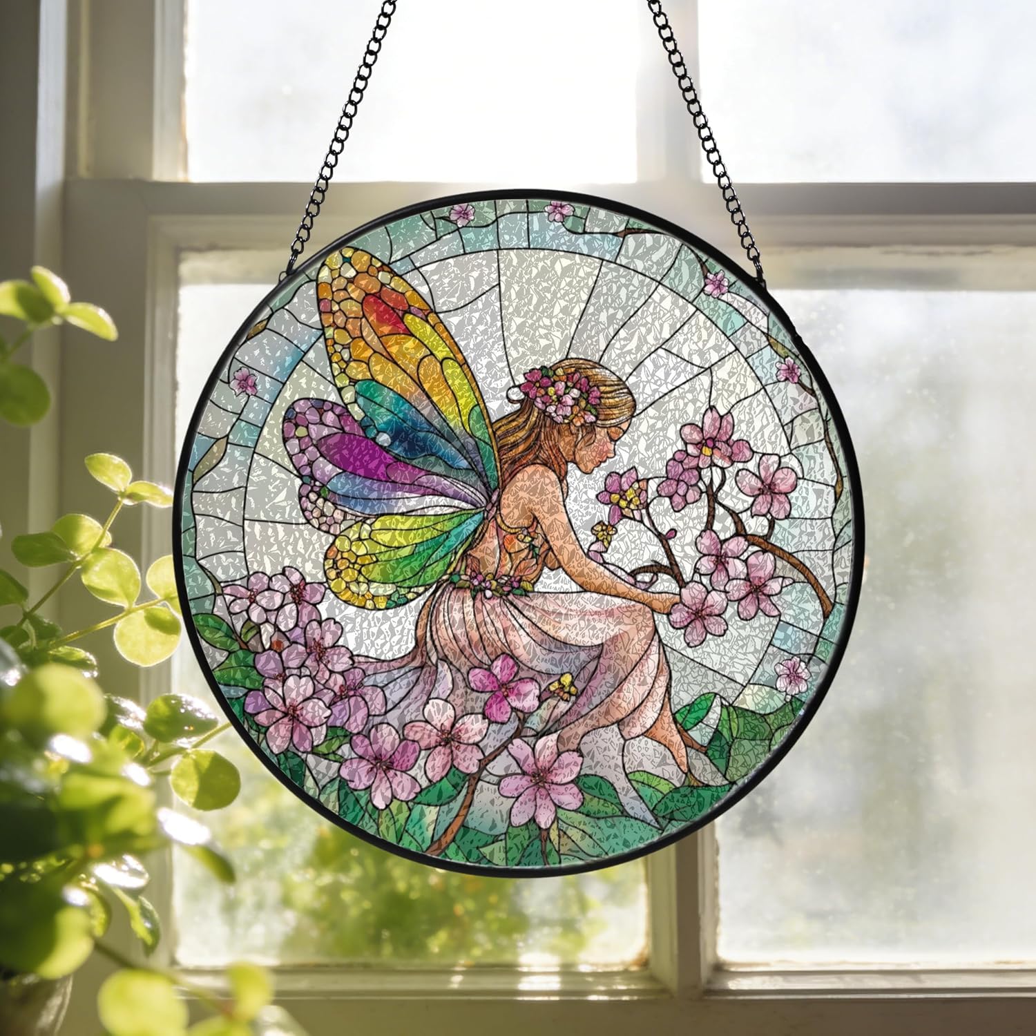 Whimsical Fairies Peach Flowers Stained Glass Window Hanging Girly Spring Suncatchers Fantasy Pink Floral Girl Glass Panel Hangings Cottagecore Garden Decor Nature Lover Gift for Mom Grandma 11.8inch