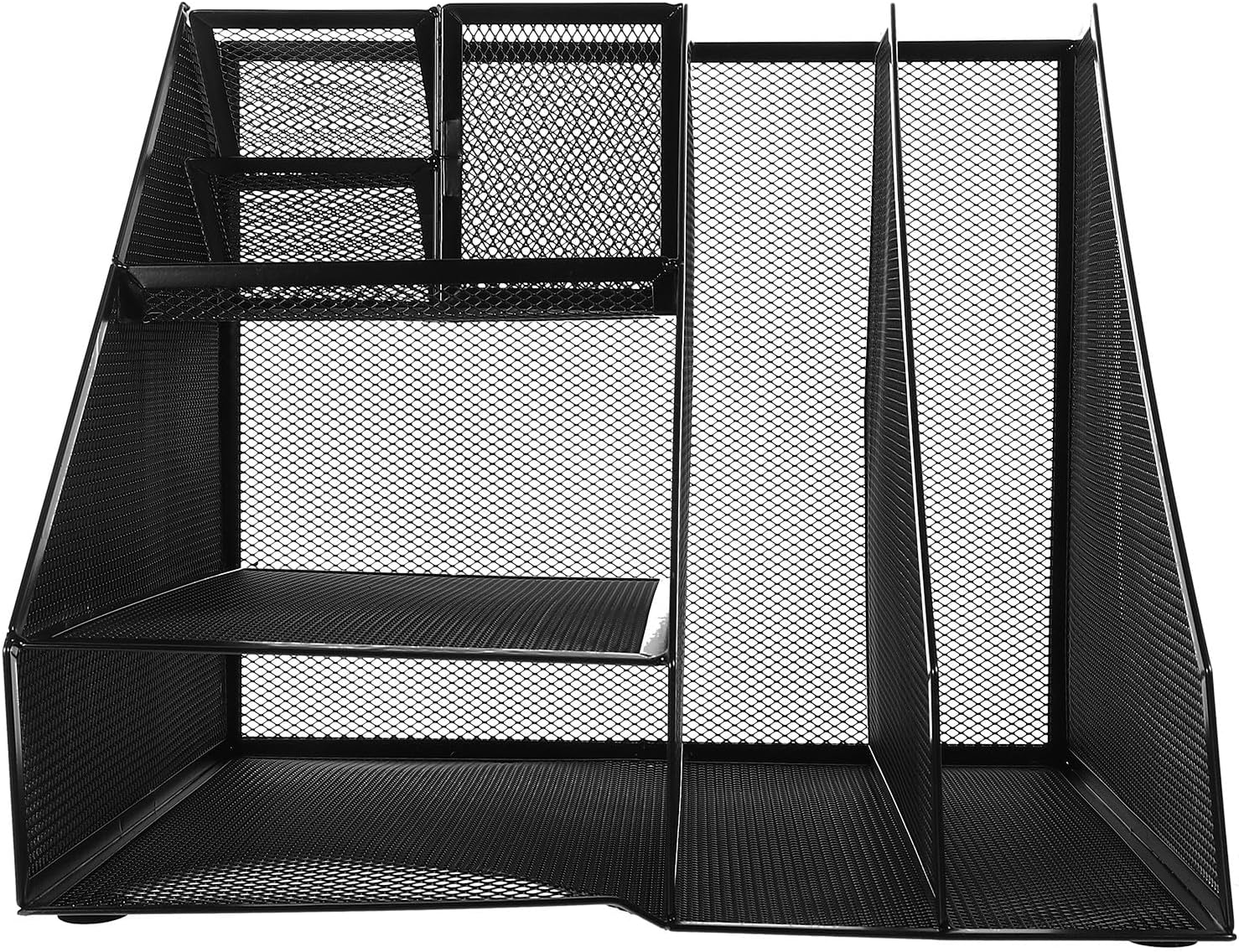 Metal Mesh Desktop File Rack with 2 Compartments and 3 Layers, Black Metal Holder with Pen Cup, Paper Organization and Document Storage for Office Desk