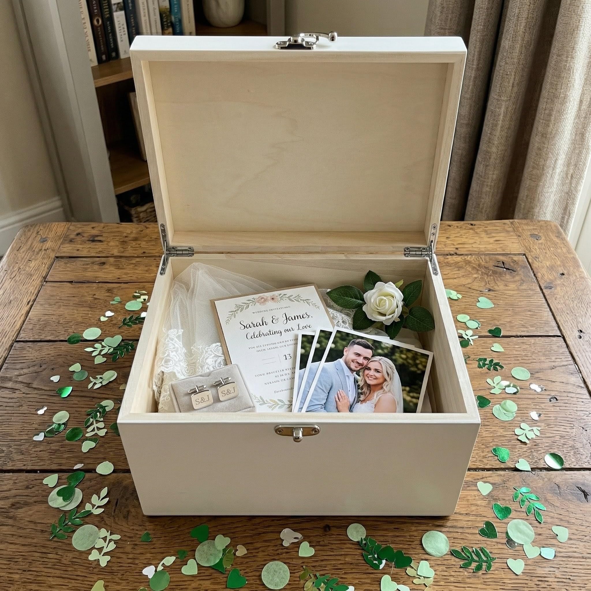 Caja de recuerdos de boda botánica de madera blanca personalizada | Nombres personalizados, lugar y fecha | Regalo de boda para parejas | 27 x 19 x 14 cm