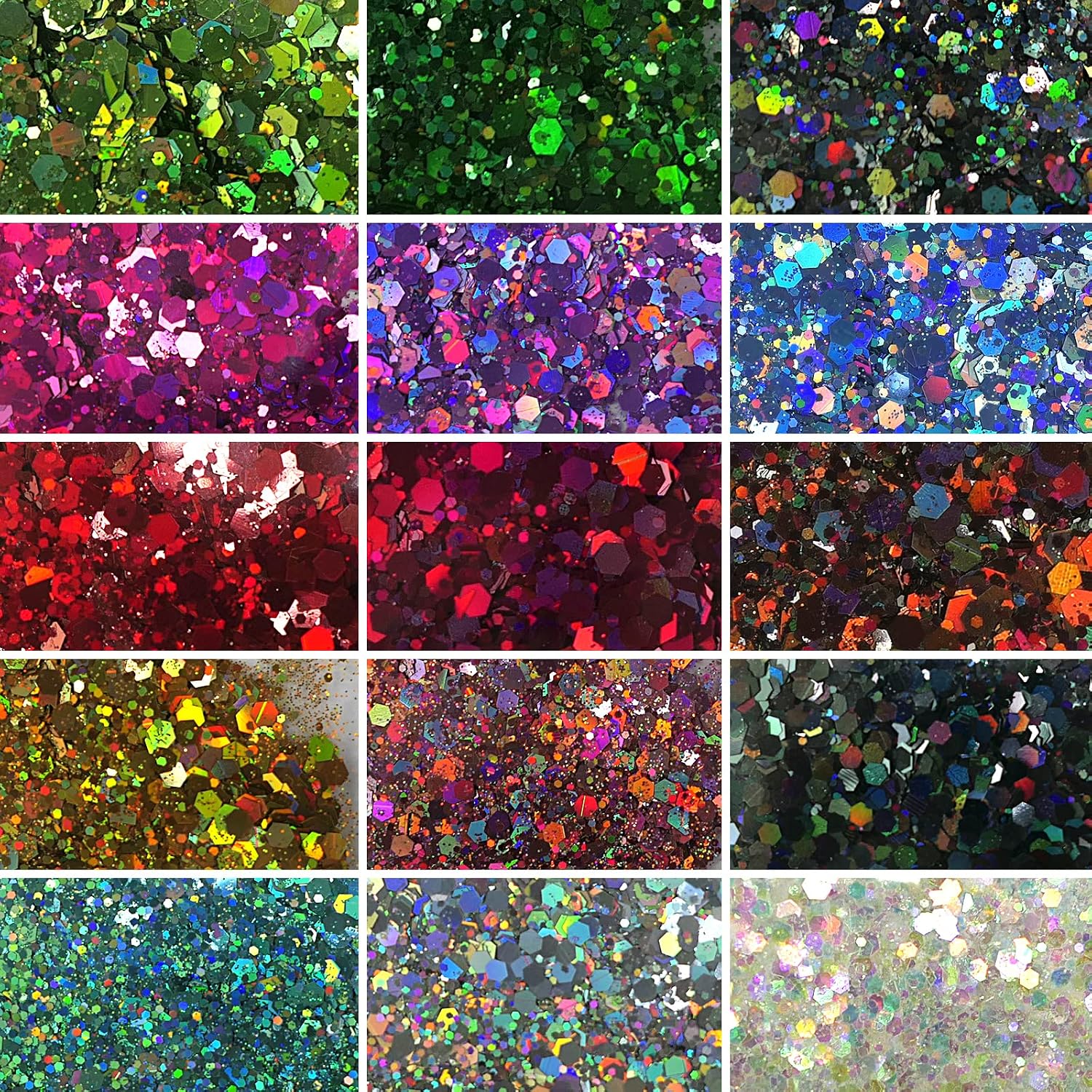LoveOurHome 15 Colors Holographic Nail Glitter Flakes Hexagon Shaped Sequins Mixed Acrylic Powder Makeup Glitter Resin Supplies for Resins Acrylics Nails Body Crafts