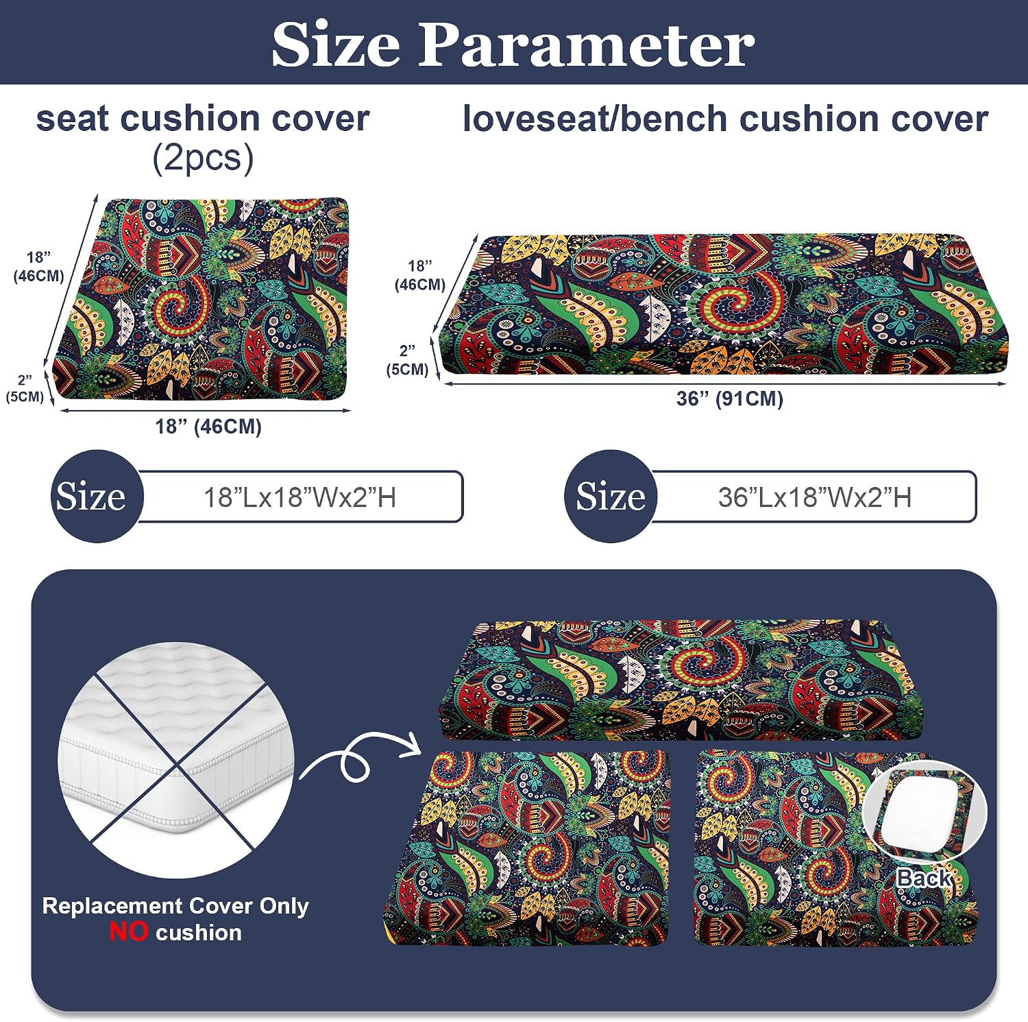 waterproof 3-piece patio sofa cushion cover set - replacement covers for outdoor wicker furniture, bench & seat cushions rococo 3pcs seat cushion cover