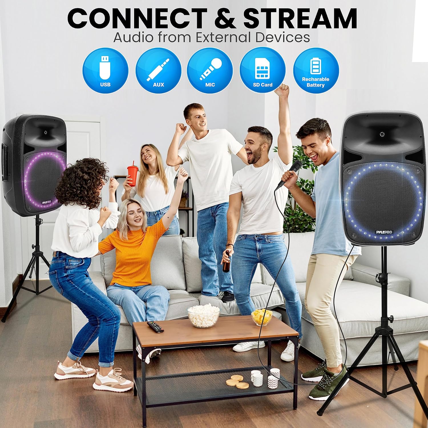 Boxă Pyle PPHP1569UT cu mâner de transport integrat și prim-planuri ale suportului pentru boxe de 35 mm și ale roților pivotante.