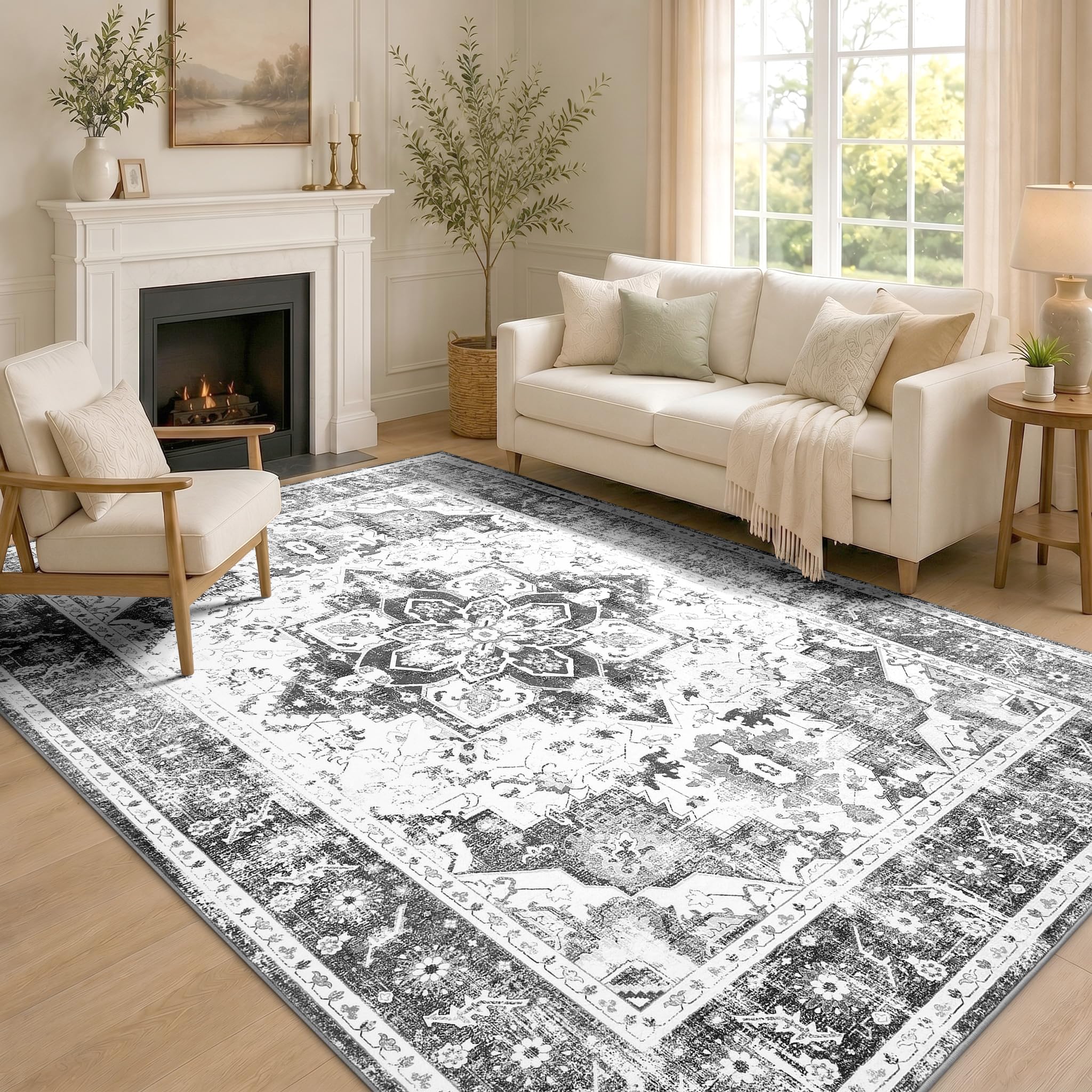 Homaxy Vintage Rugs Living Room Washable Anti Slip Small Rug Low Pile Boho Lounge Carpet for Bedroom, Nursery, Kitchen - 60 x 100 cm, Distressed Grey