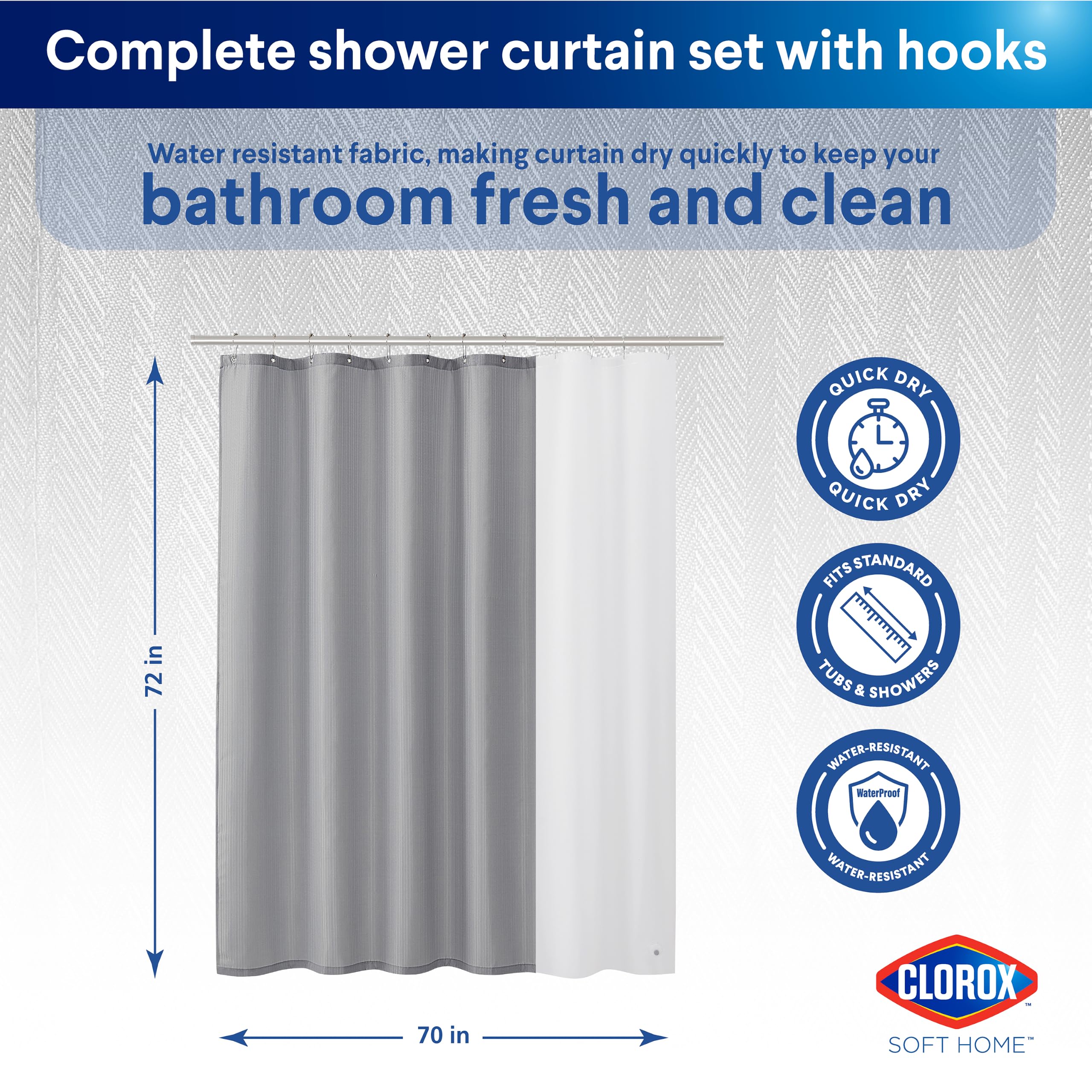 Clorox Rideau de Douche 100% Polyester avec Doublure imperméable en PEVA et 12 Crochets métalliques (Gris)